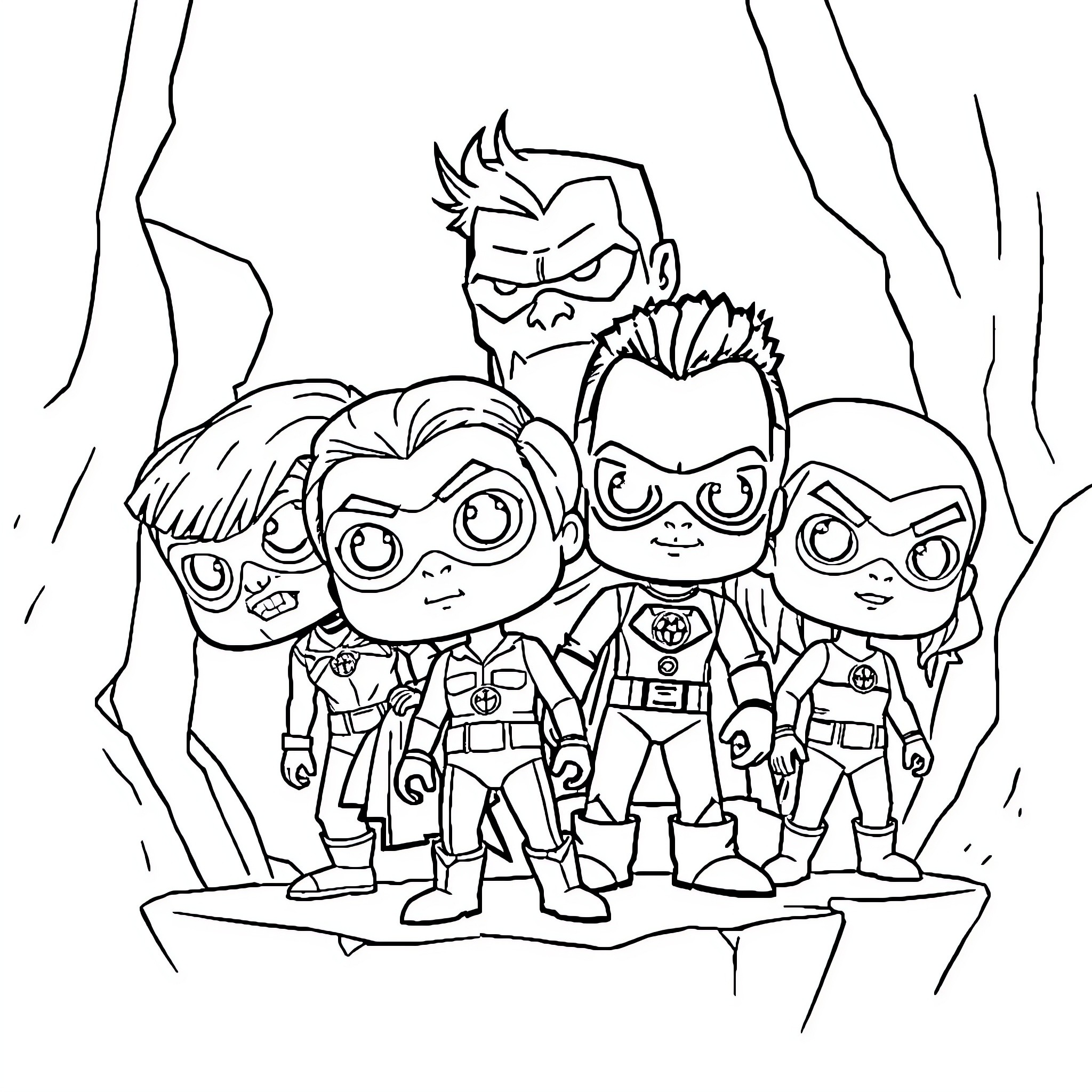 Fantastic 4 Heroes in Action Poses Coloring Page (free black-and-white line drawing printable PDF for all, from beginners to advanced learners, including children, teens, adults, and seniors)