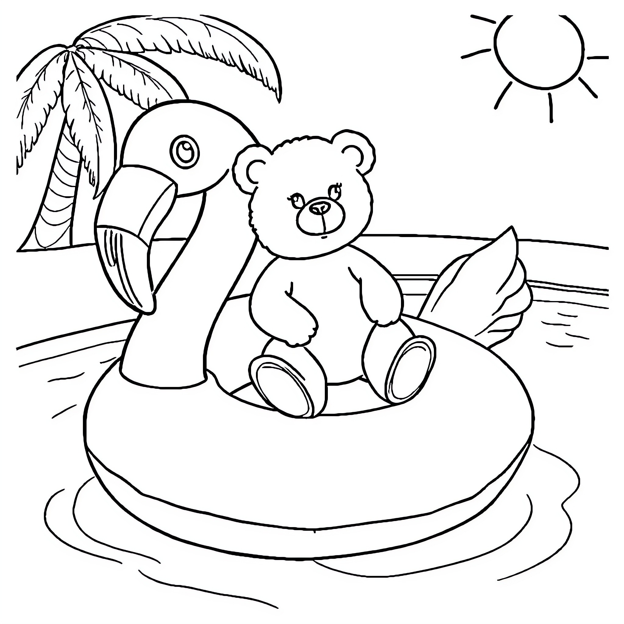 Flamingo and teddy bear on pool float Coloring Page (free black-and-white line drawing printable PDF for all, from beginners to advanced learners, including children, teens, adults, and seniors)
