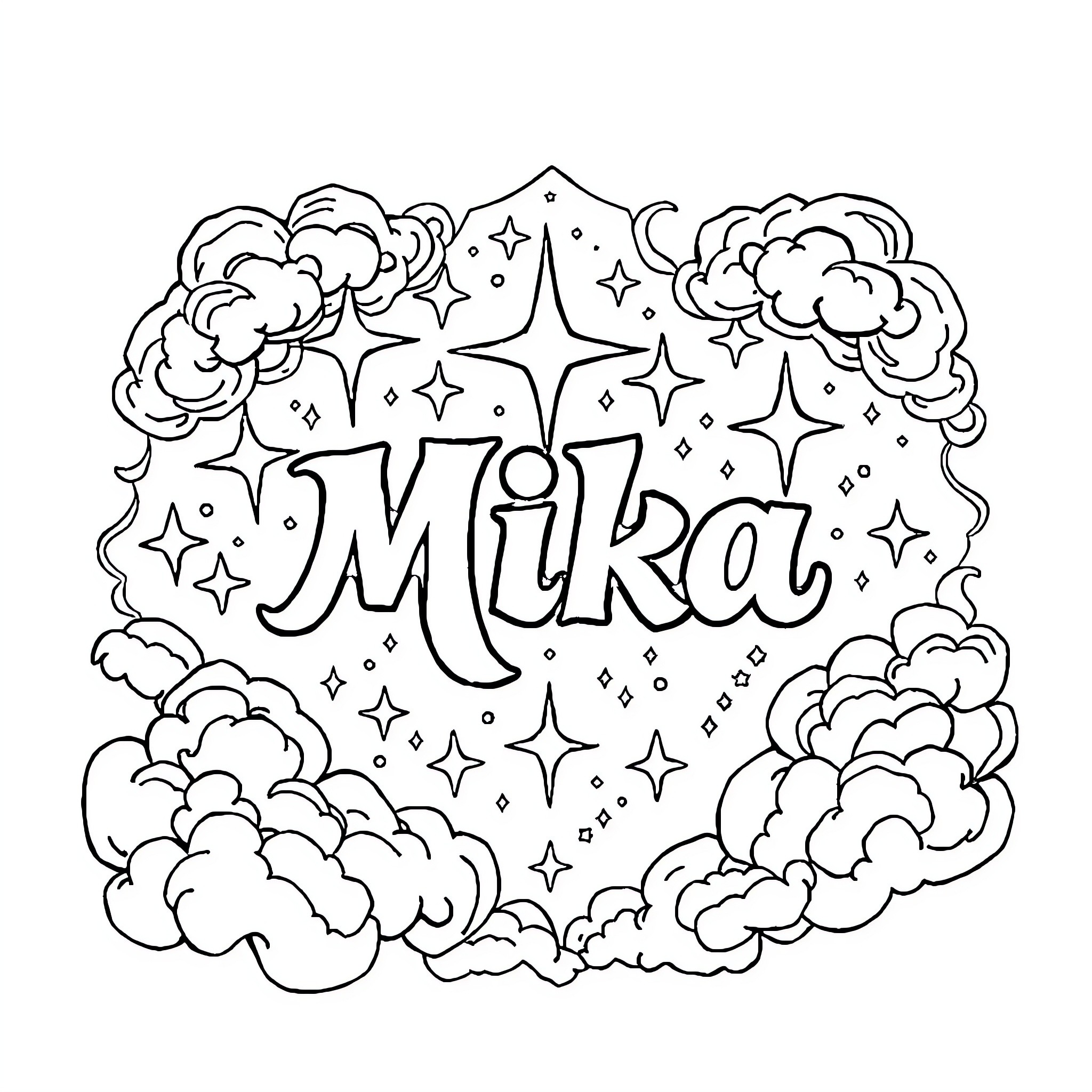 Mika's Magical Doodle with Clouds and Stars Coloring Page (free black-and-white line drawing printable PDF for all, from beginners to advanced learners, including children, teens, adults, and seniors)
