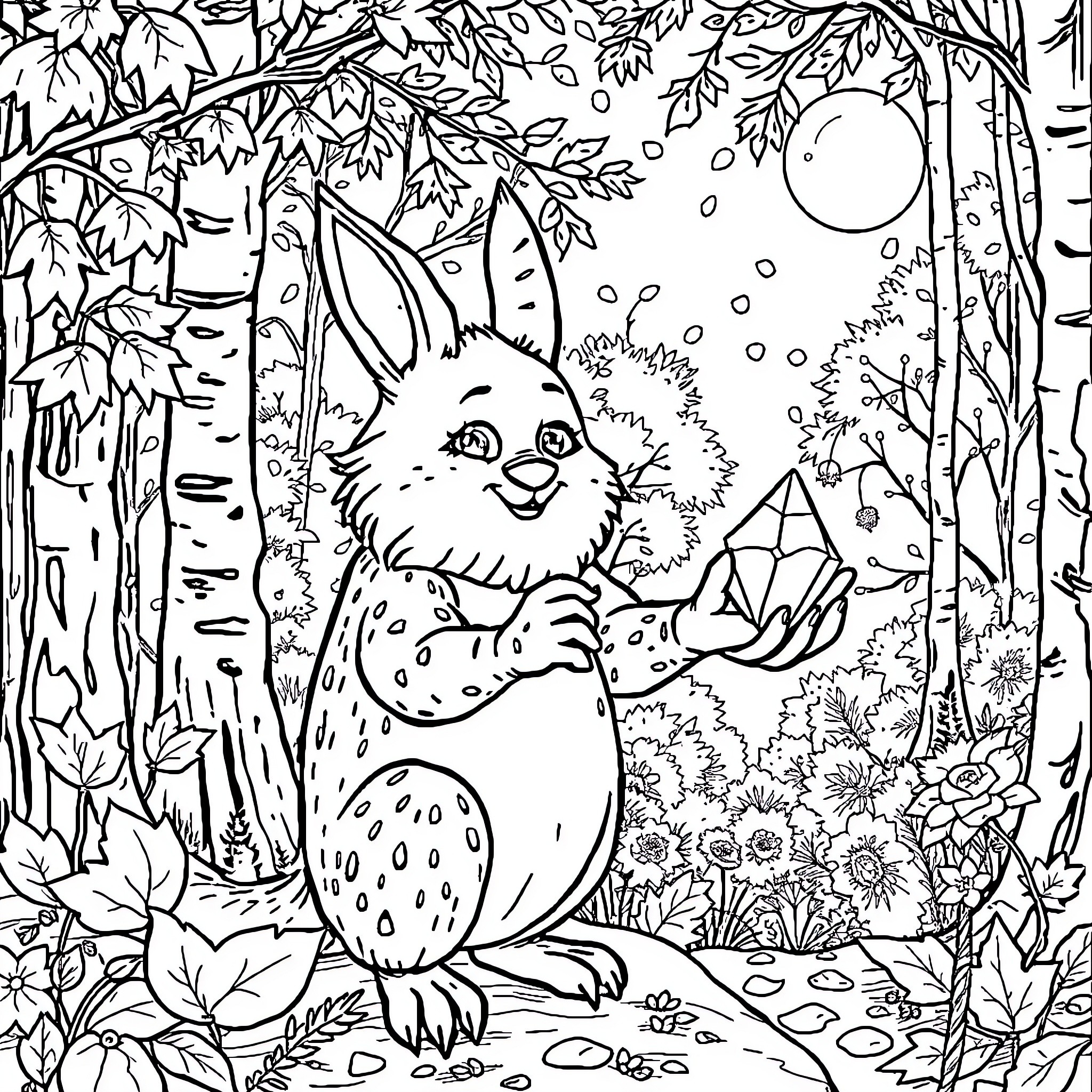 Lutin Rabbit Exploring the Enchanted Forest Coloring Page (free black-and-white line drawing printable PDF for all, from beginners to advanced learners, including children, teens, adults, and seniors)