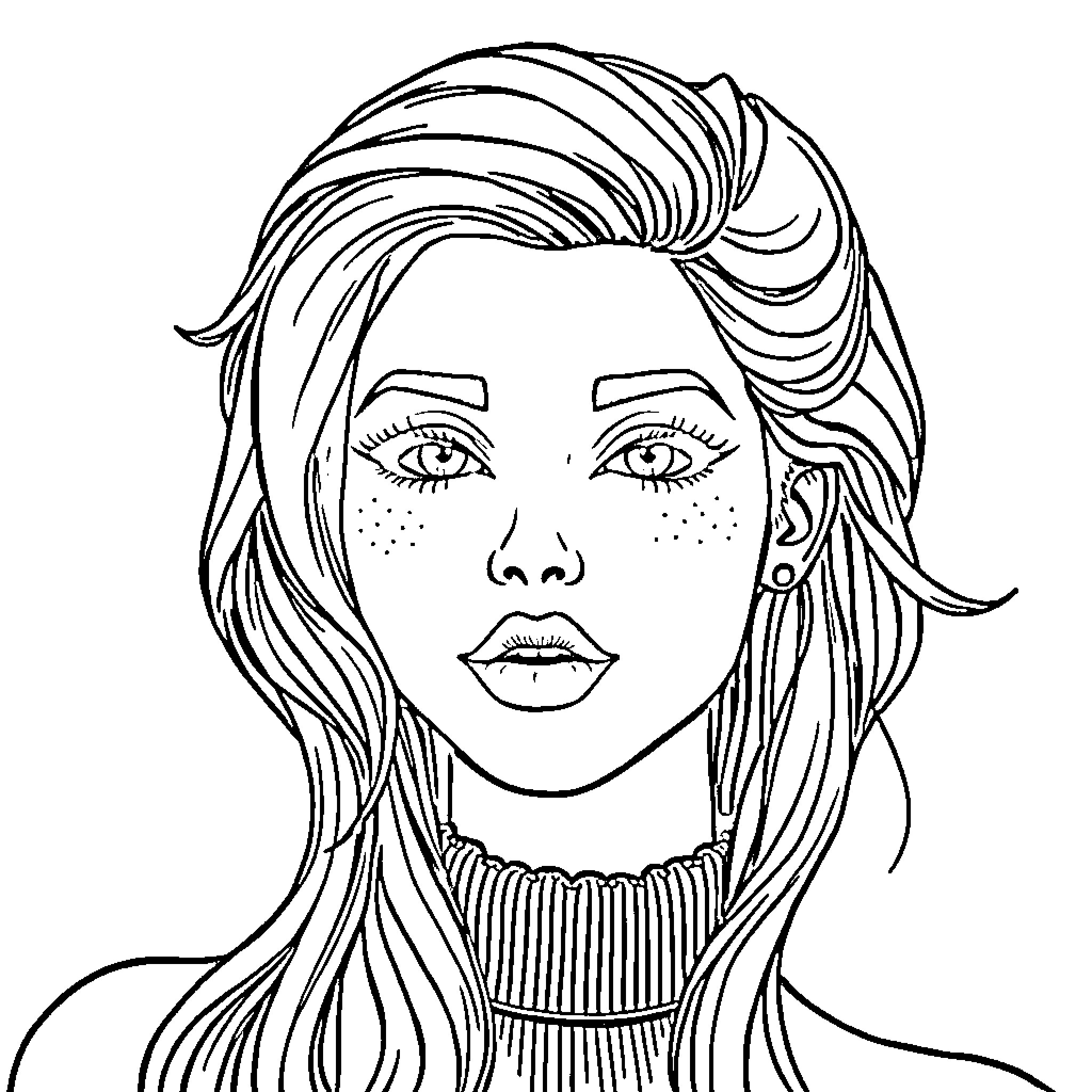 Bell Delphine in elegant portrait Coloring Page (free black-and-white line drawing printable PDF for all, from beginners to advanced learners, including children, teens, adults, and seniors)