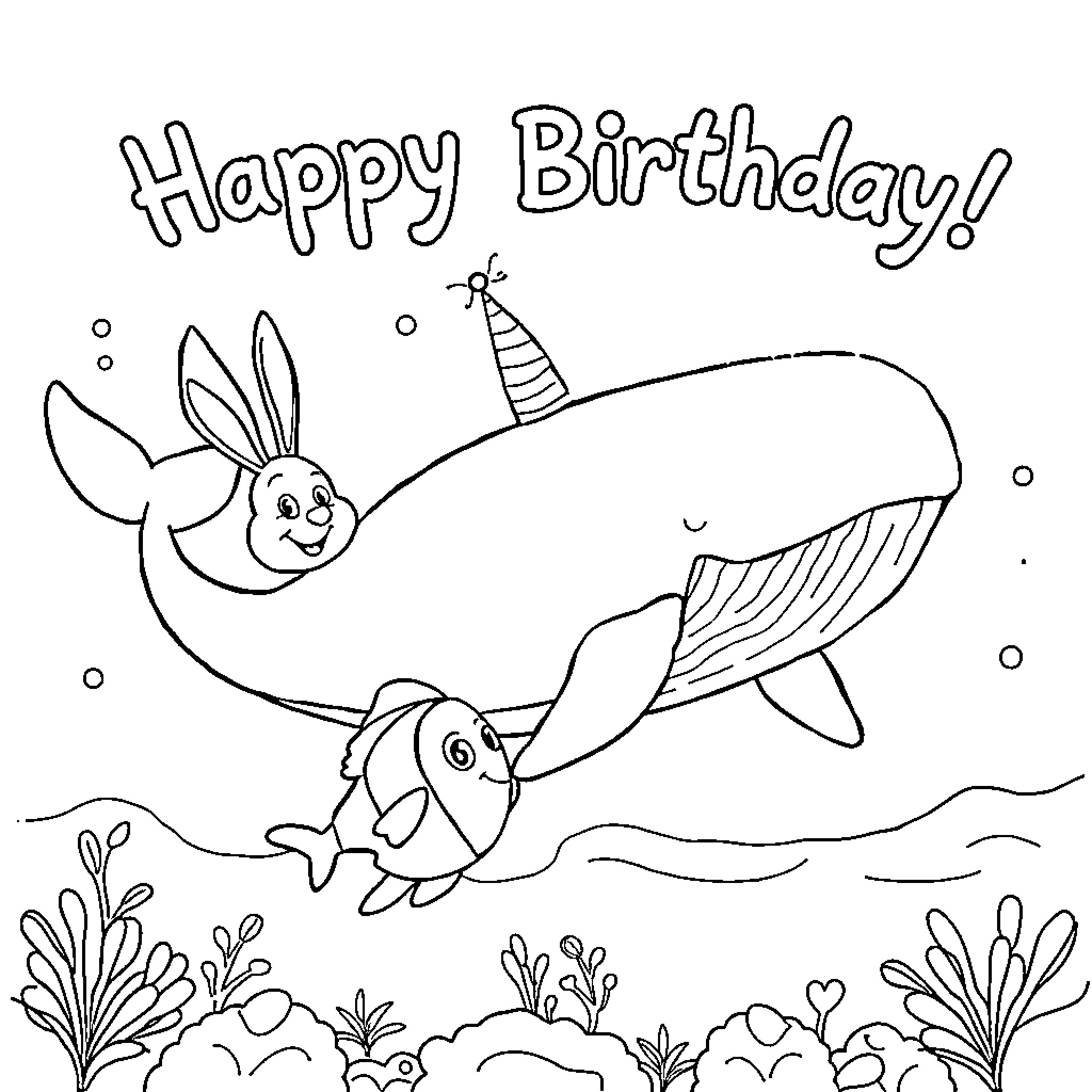 Whale celebrating a happy birthday underwater Coloring Page (free black-and-white line drawing printable PDF for all, from beginners to advanced learners, including children, teens, adults, and seniors)