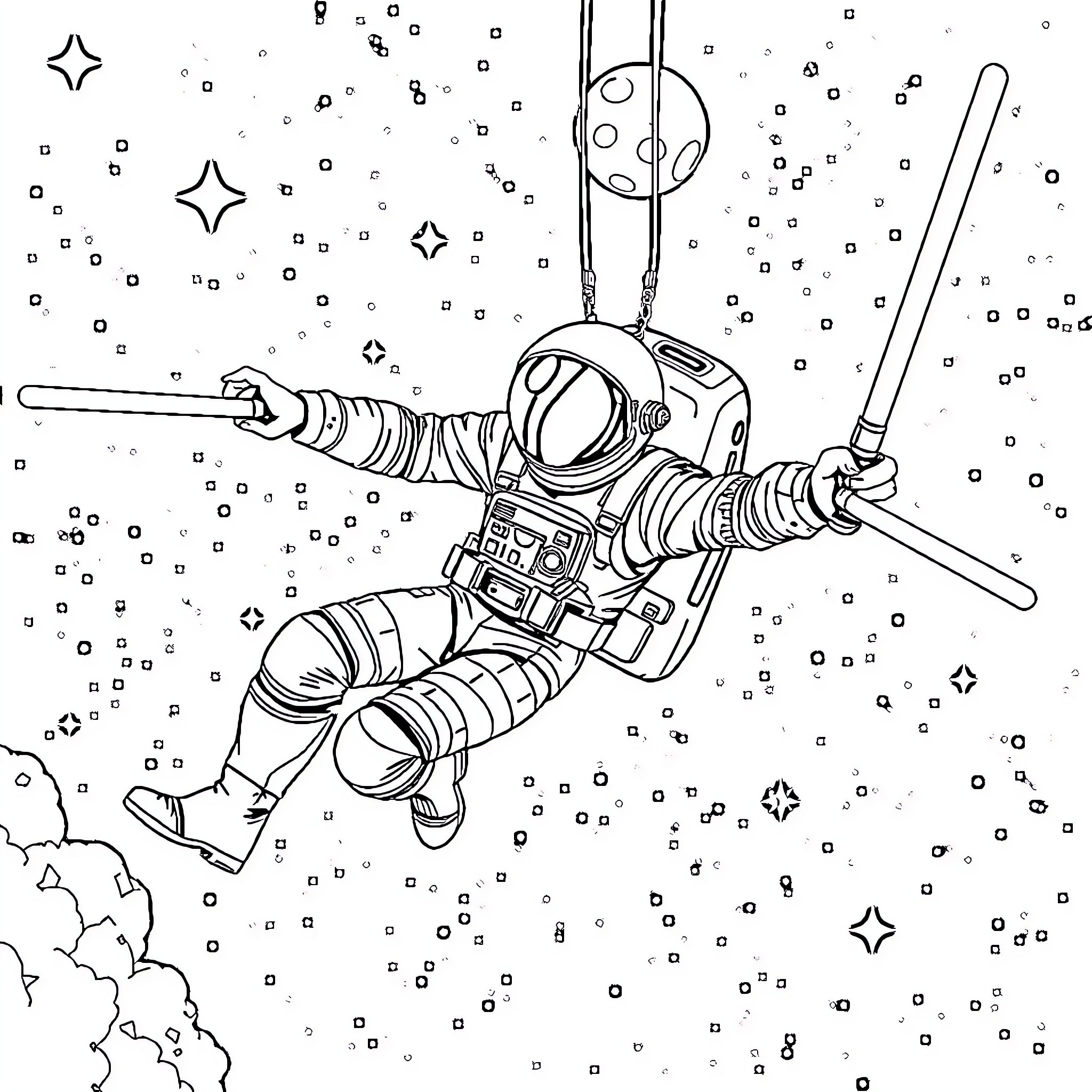 Astronaut floating in the stars Coloring Page (free black-and-white line drawing printable PDF for all, from beginners to advanced learners, including children, teens, adults, and seniors)
