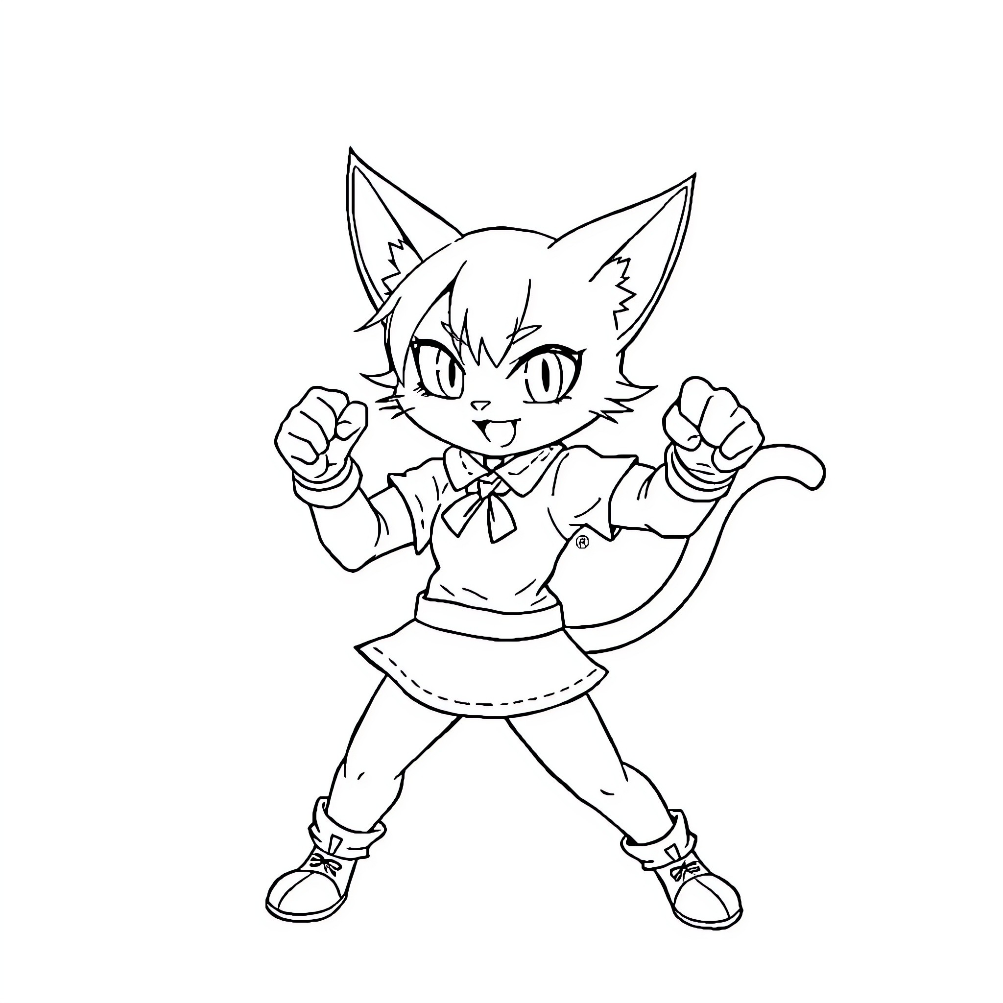 Cat Girl in Fighting Pose Coloring Page (free black-and-white line drawing printable PDF for all, from beginners to advanced learners, including children, teens, adults, and seniors)