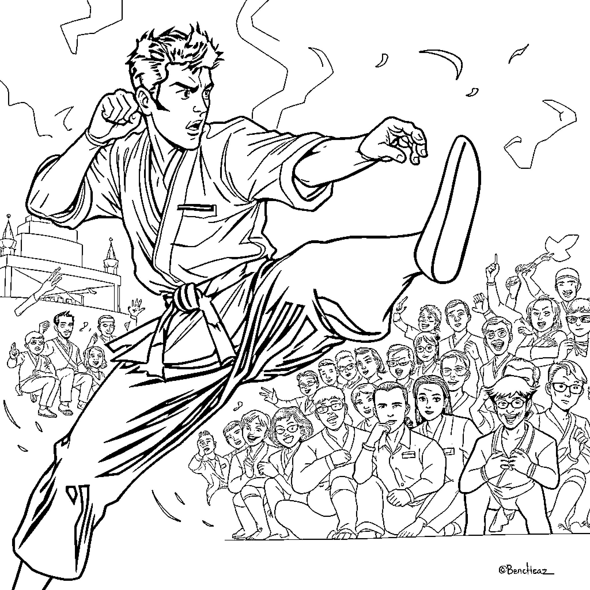 Miguel Diaz leading a passionate rally in a crowd Coloring Page (free black-and-white line drawing printable PDF for all, from beginners to advanced learners, including children, teens, adults, and seniors)