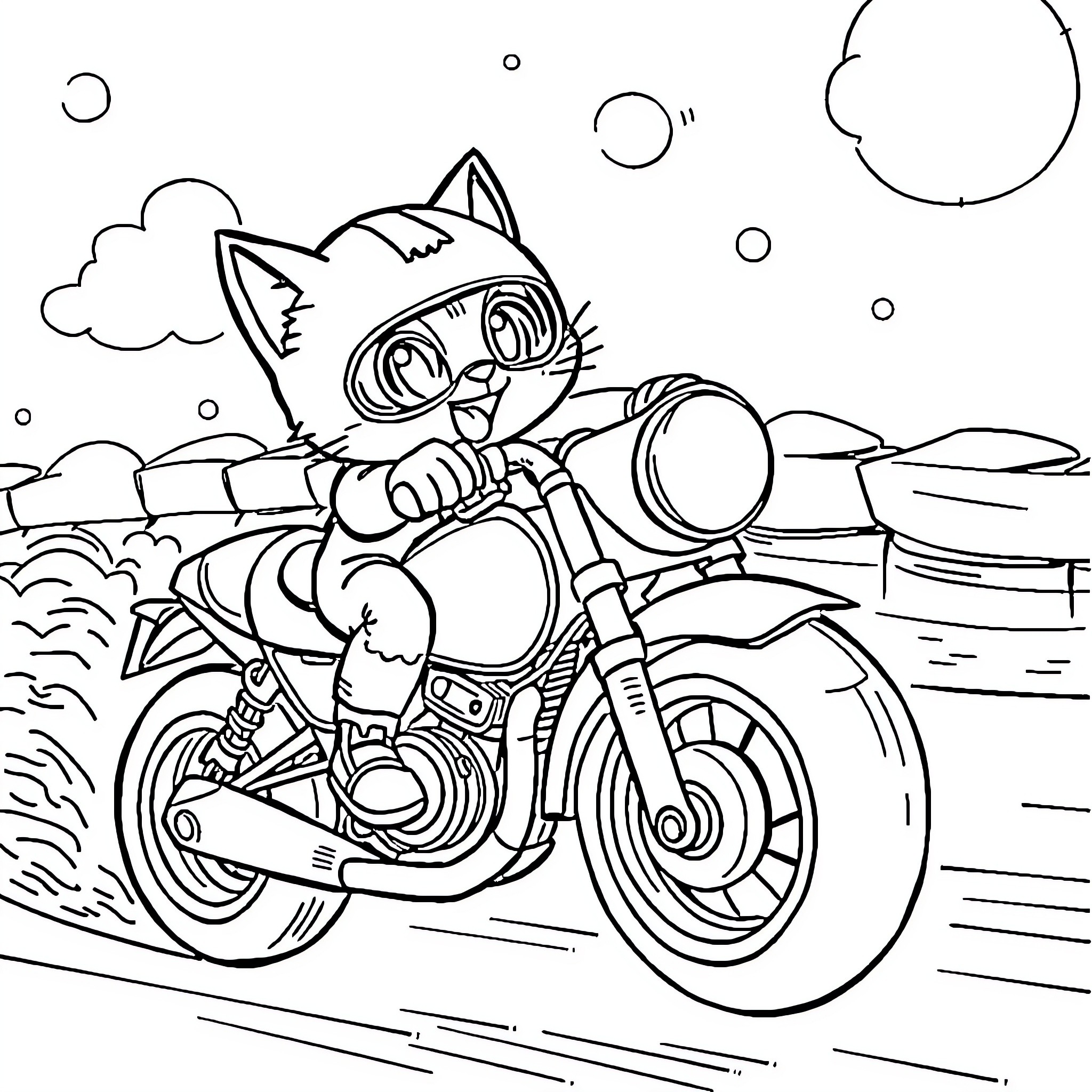 Kitten riding a motorcycle through the countryside Coloring Page (free black-and-white line drawing printable PDF for all, from beginners to advanced learners, including children, teens, adults, and seniors)
