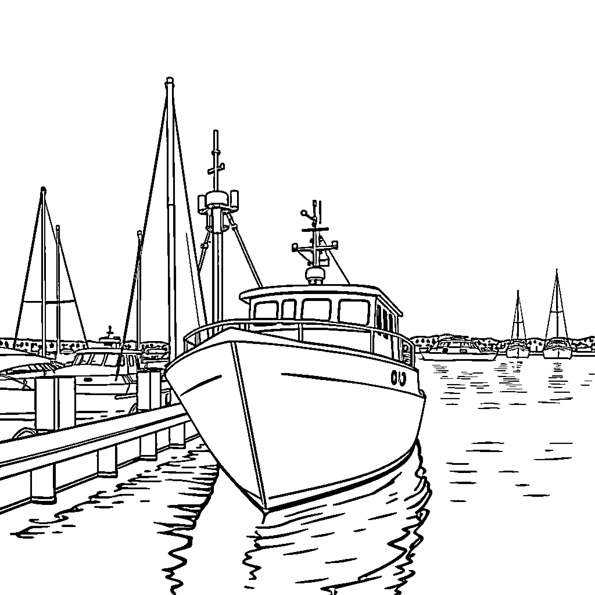 Marina with docked fishing boats and sailboats Coloring Page (free black-and-white line drawing printable PDF for all, from beginners to advanced learners, including children, teens, adults, and seniors)