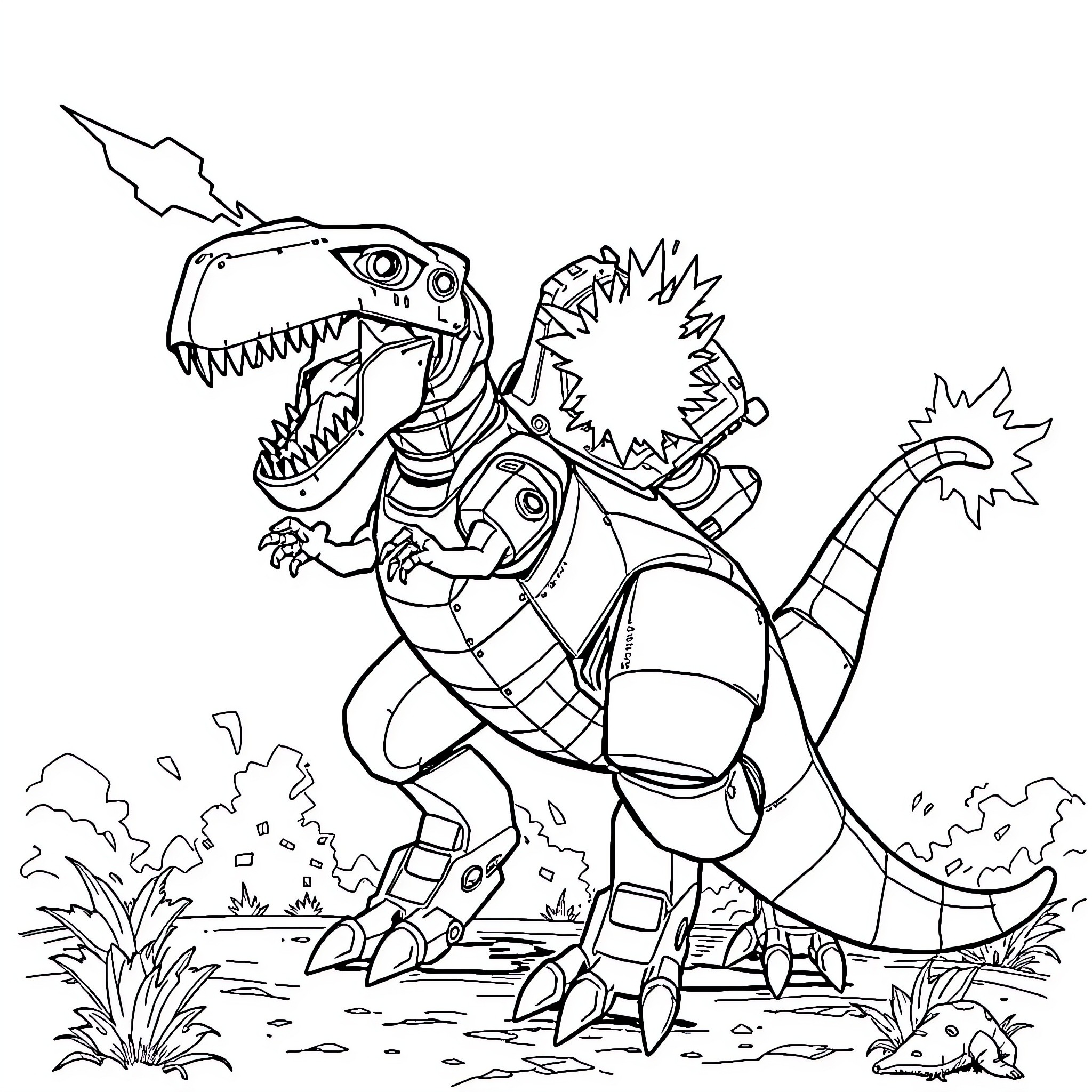 Robot Dinosaur attacking with mechanical claws and tail Coloring Page (free black-and-white line drawing printable PDF for all, from beginners to advanced learners, including children, teens, adults, and seniors)