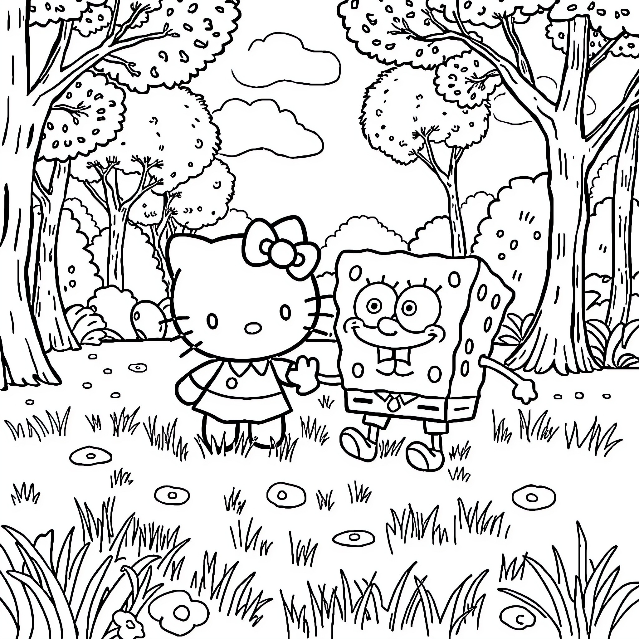 Hello Kitty and SpongeBob in a Forest Adventure Coloring Page (free black-and-white line drawing printable PDF for all, from beginners to advanced learners, including children, teens, adults, and seniors)