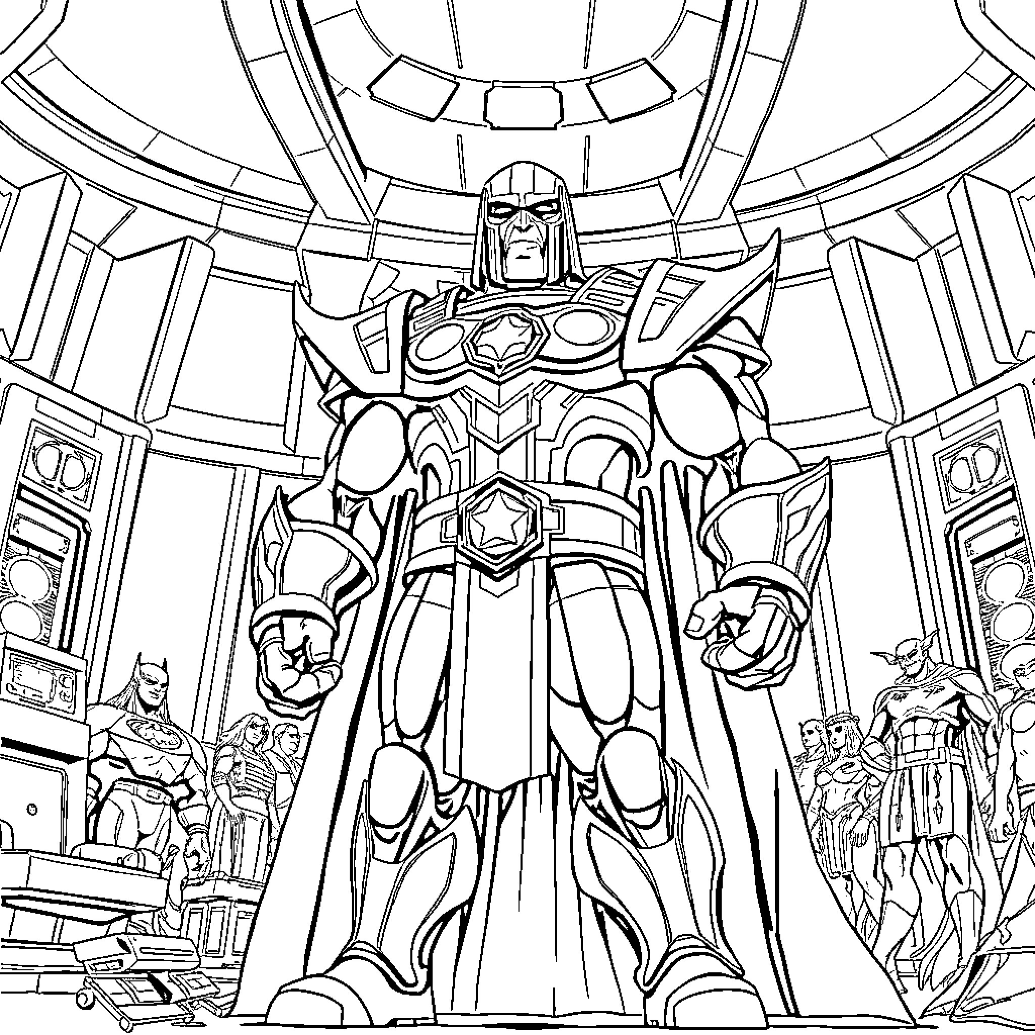 Darkside - Galactic Overlord commanding his forces Coloring Page (free black-and-white line drawing printable PDF for all, from beginners to advanced learners, including children, teens, adults, and seniors)