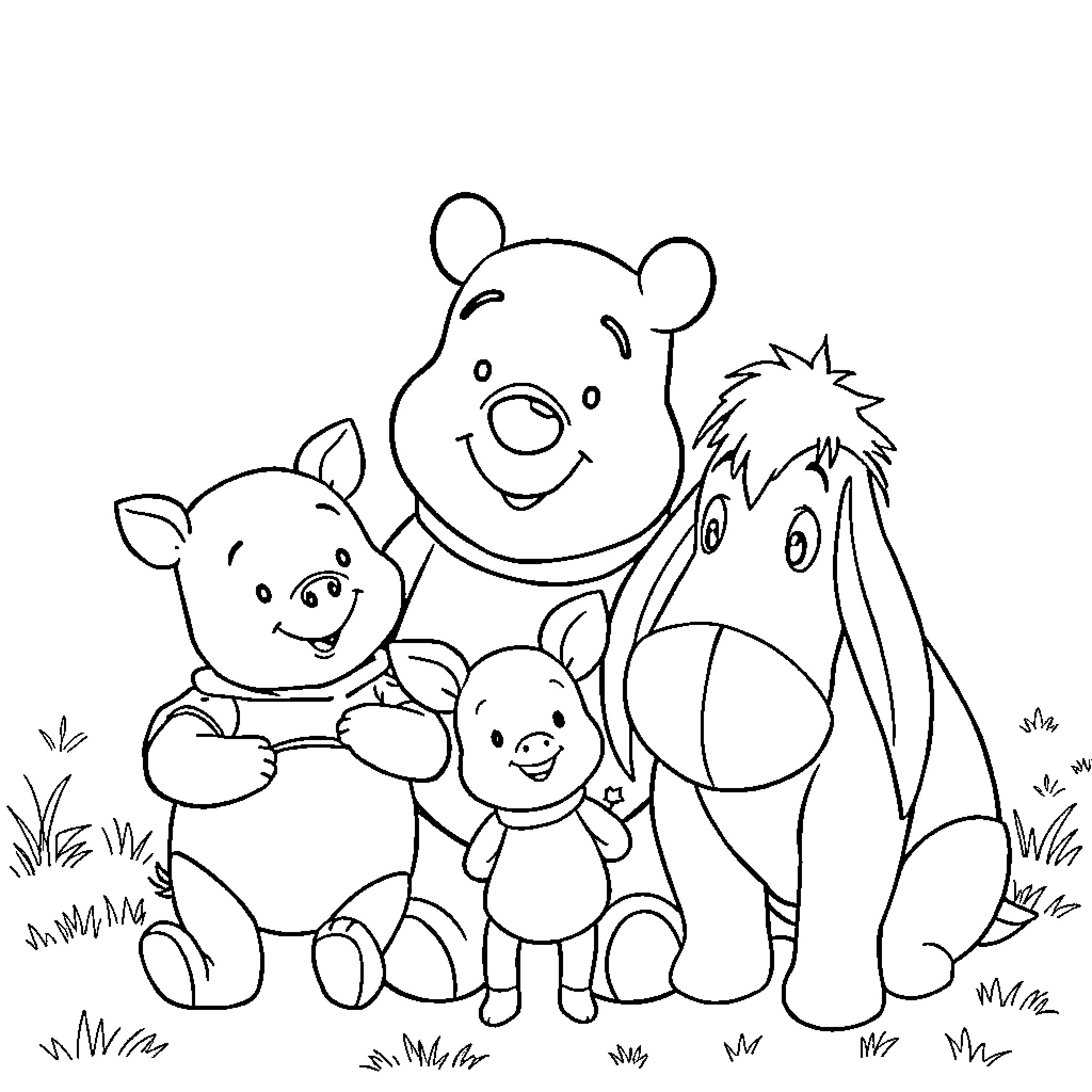 Winnie The Pooh and Friends Enjoying Nature Coloring Page (free black-and-white line drawing printable PDF for all, from beginners to advanced learners, including children, teens, adults, and seniors)