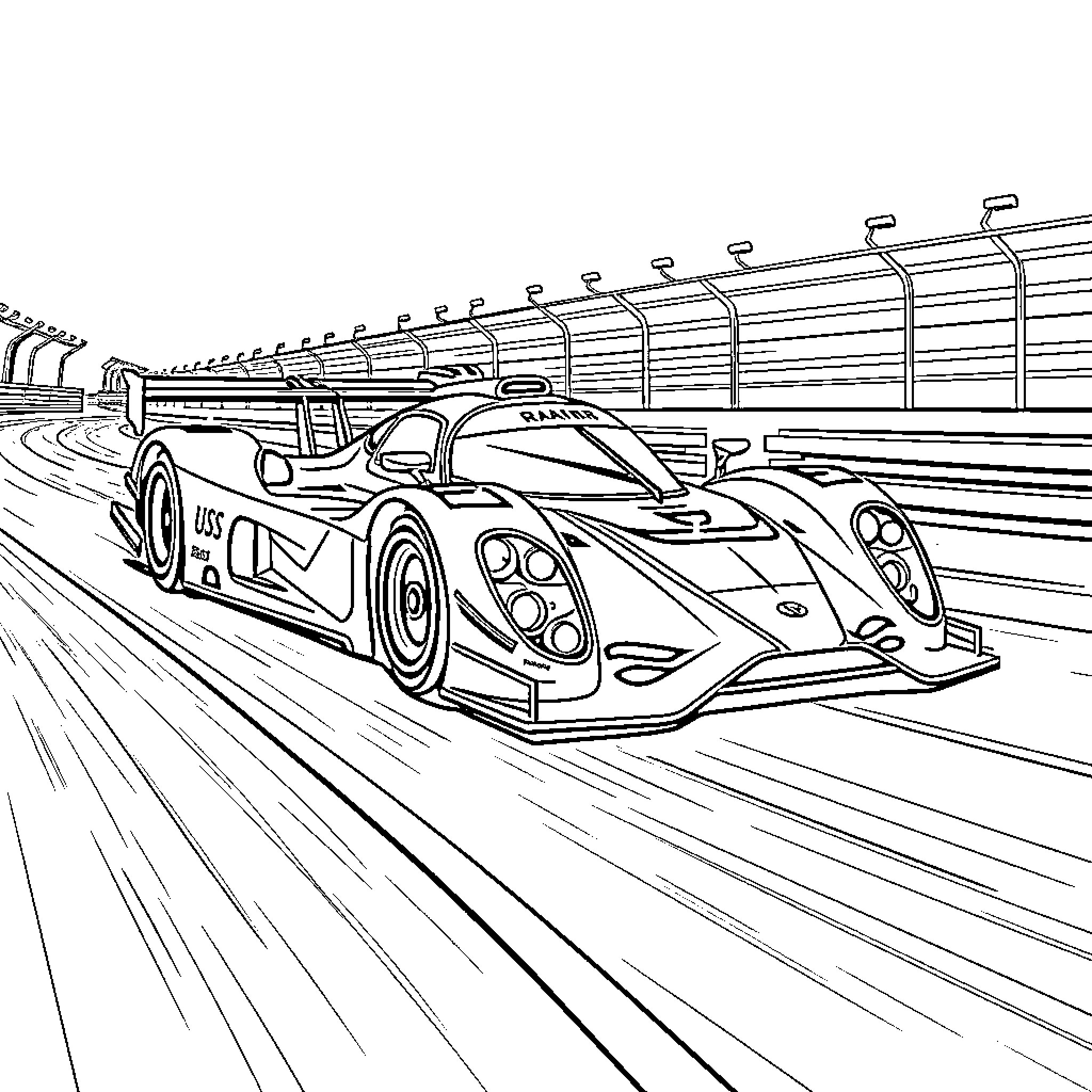 Race Car Speeding on a Race Track Coloring Page (free black-and-white line drawing printable PDF for all, from beginners to advanced learners, including children, teens, adults, and seniors)