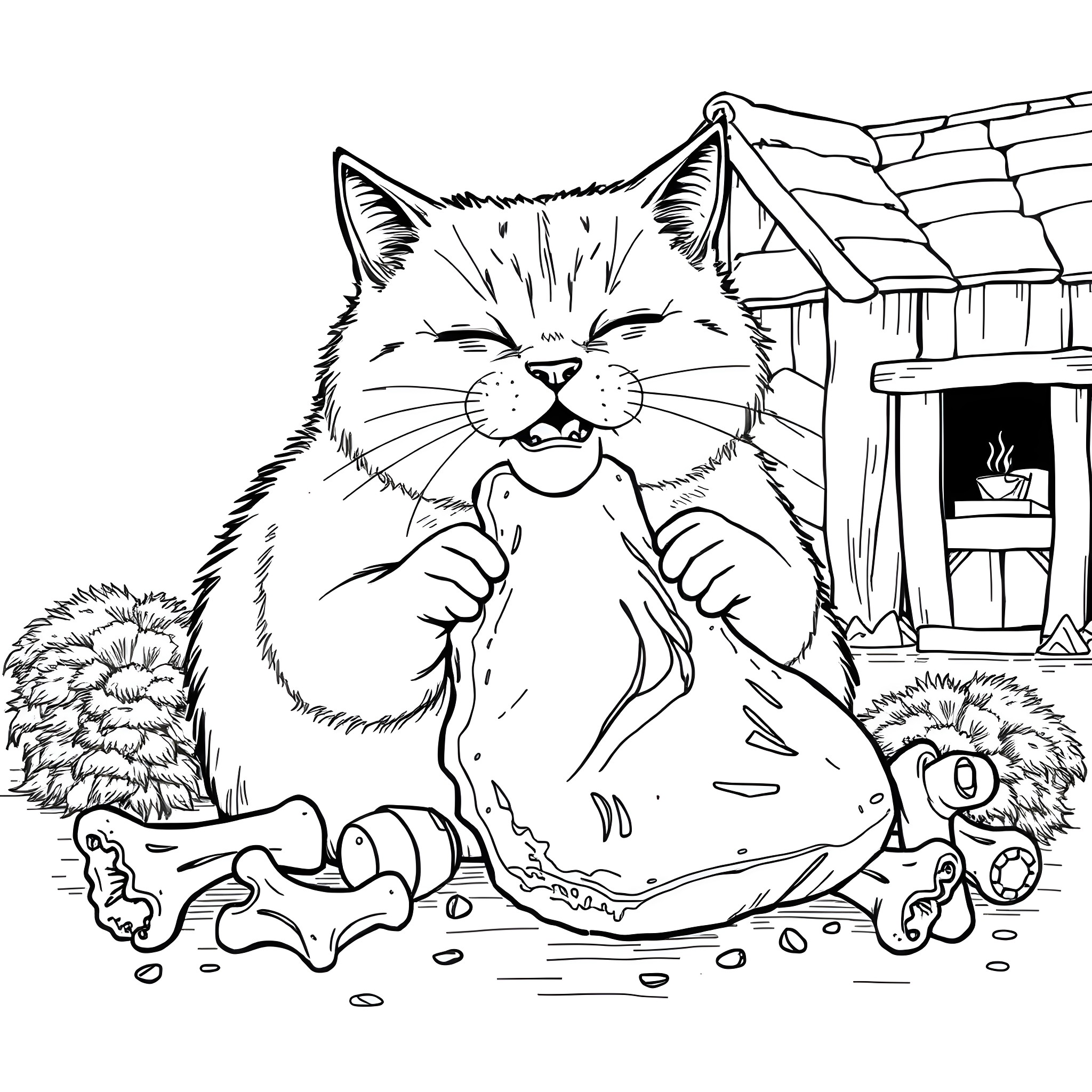 Cat playing in the backyard with treats Coloring Page (free black-and-white line drawing printable PDF for all, from beginners to advanced learners, including children, teens, adults, and seniors)