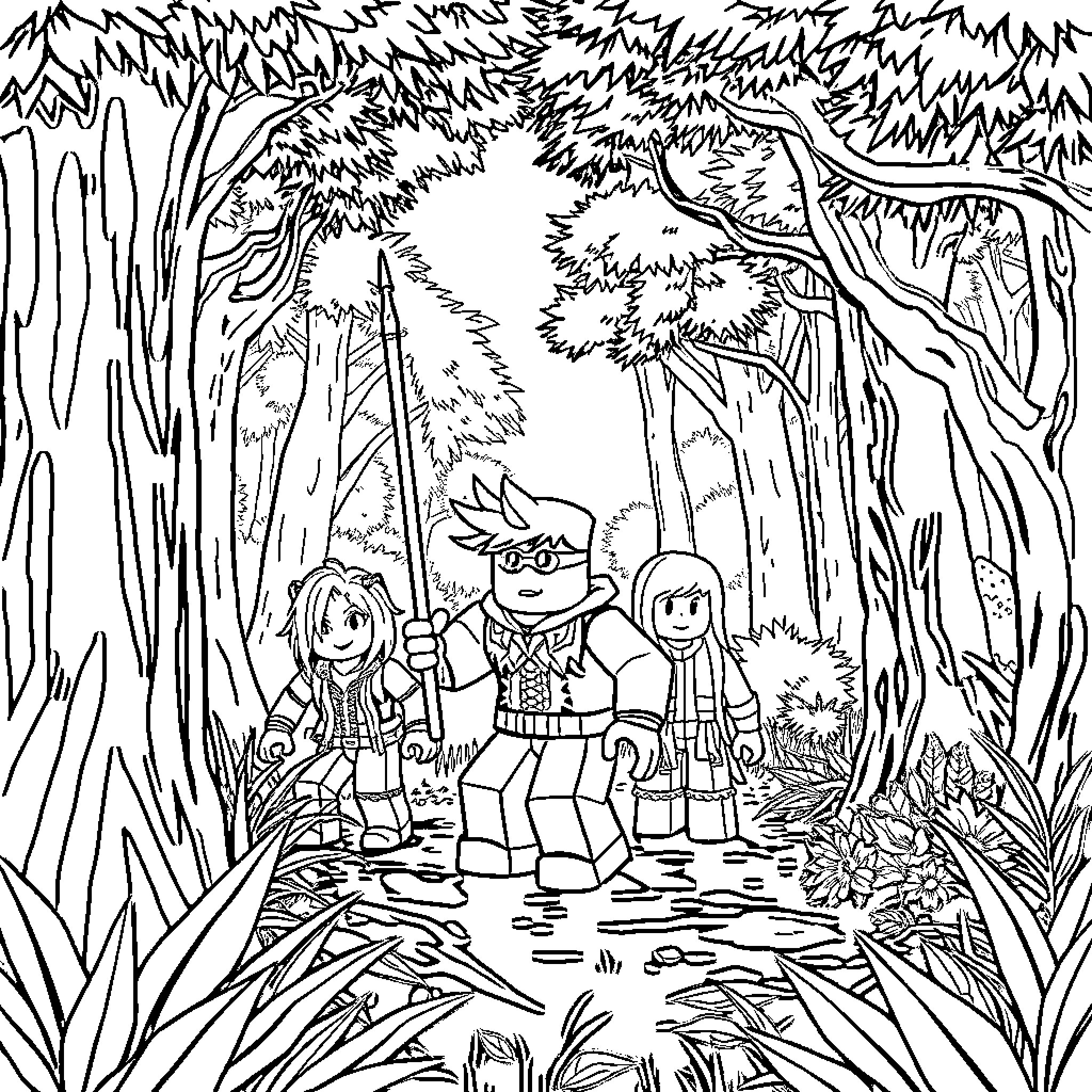 Roblox characters exploring the mysterious forest Coloring Page (free black-and-white line drawing printable PDF for all, from beginners to advanced learners, including children, teens, adults, and seniors)