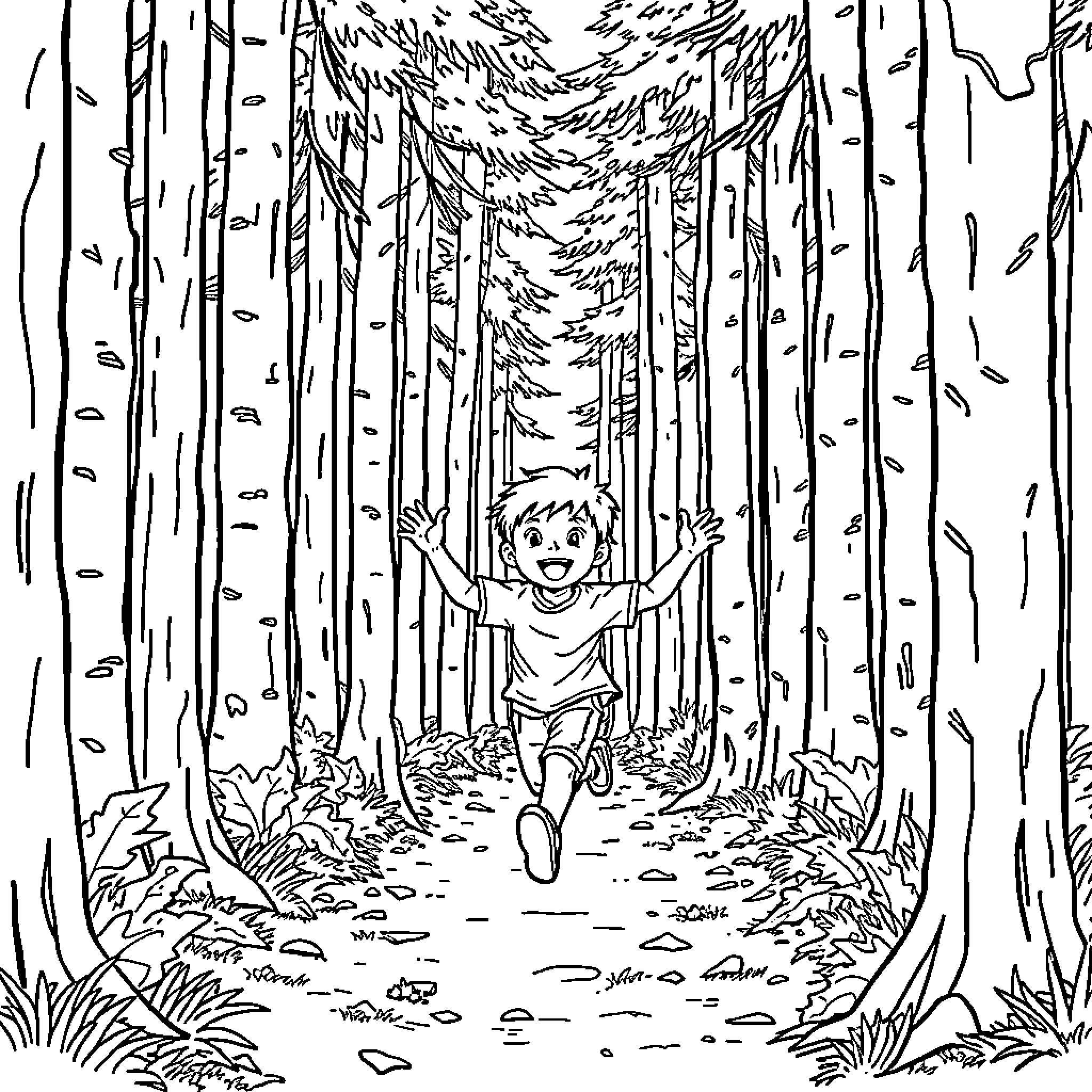Boy exploring the enchanting forest Coloring Page (free black-and-white line drawing printable PDF for all, from beginners to advanced learners, including children, teens, adults, and seniors)