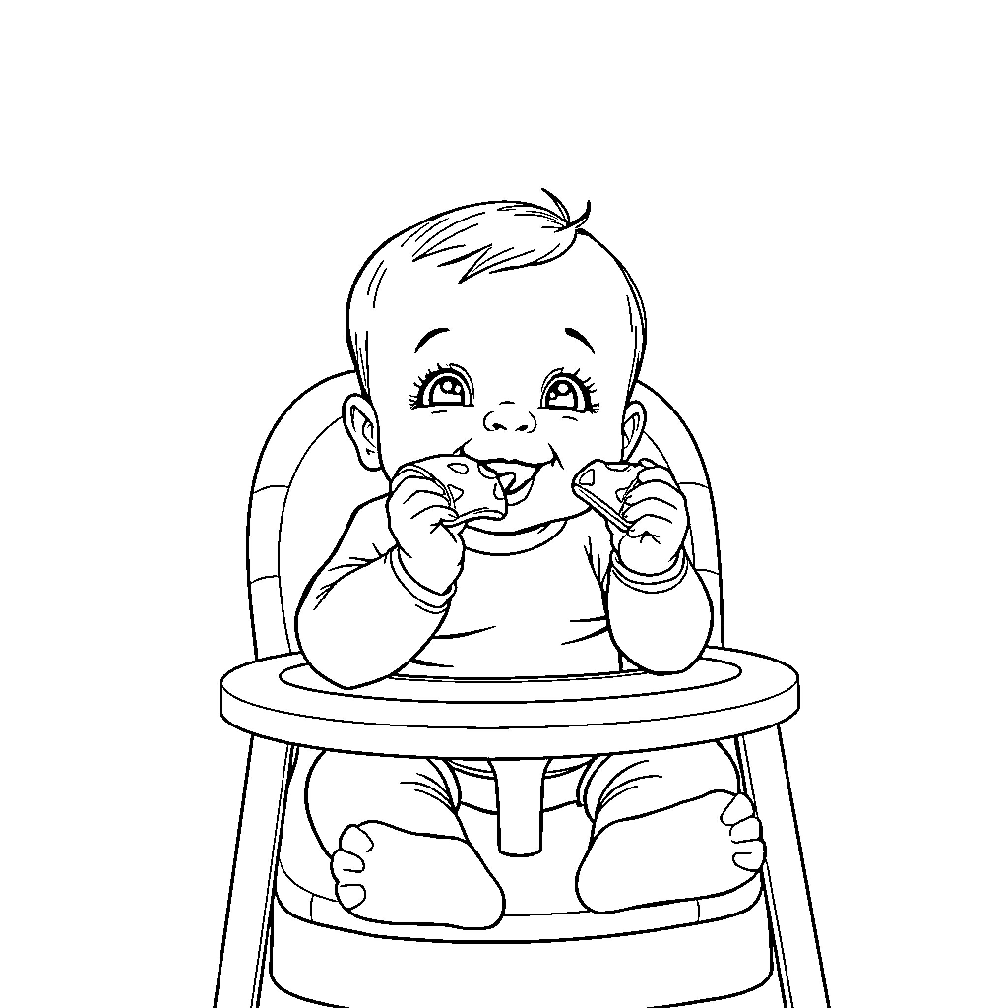 Baby enjoying snack in high chair Coloring Page (free black-and-white line drawing printable PDF for all, from beginners to advanced learners, including children, teens, adults, and seniors)