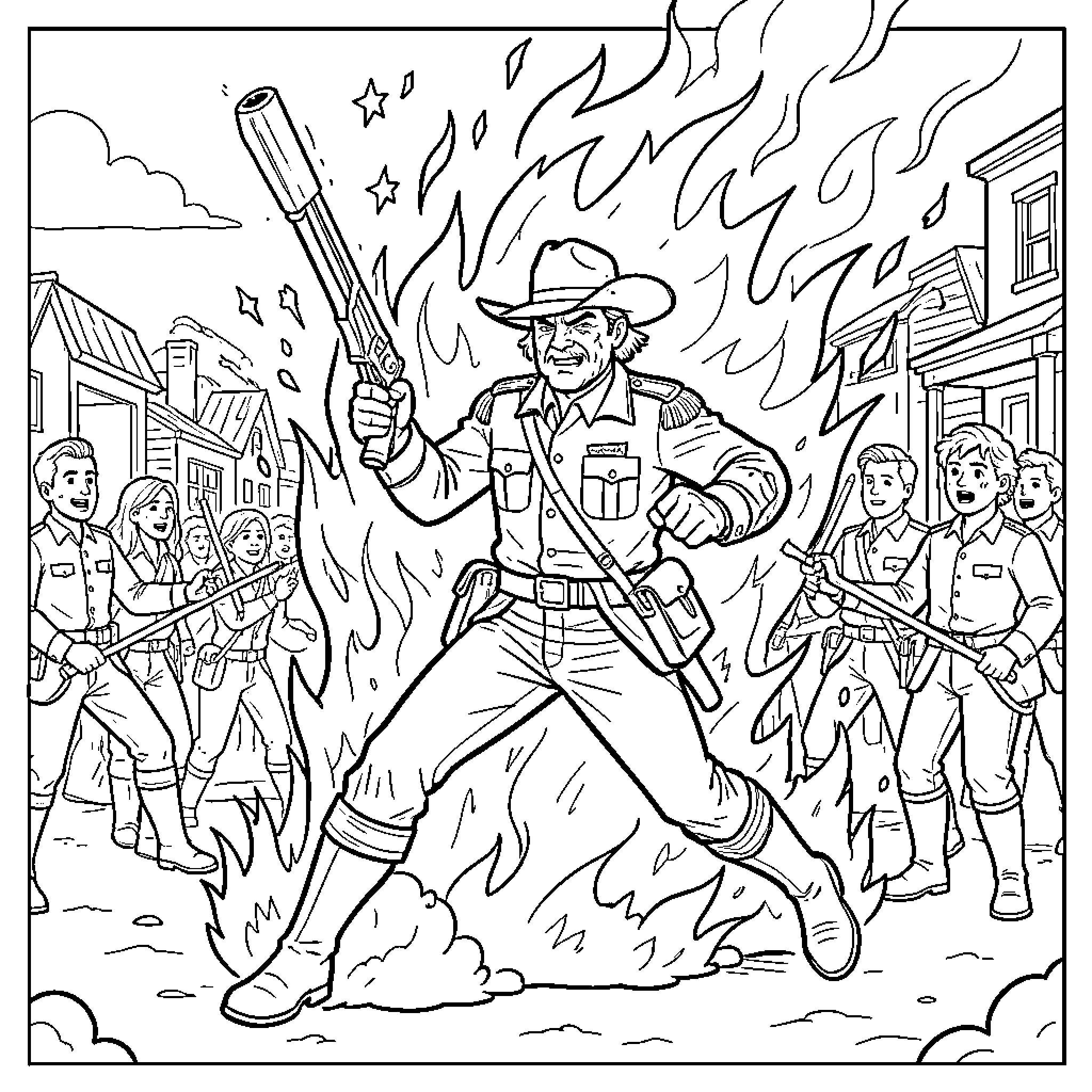 Marshal heroically walking through flames with a gun Coloring Page (free black-and-white line drawing printable PDF for all, from beginners to advanced learners, including children, teens, adults, and seniors)