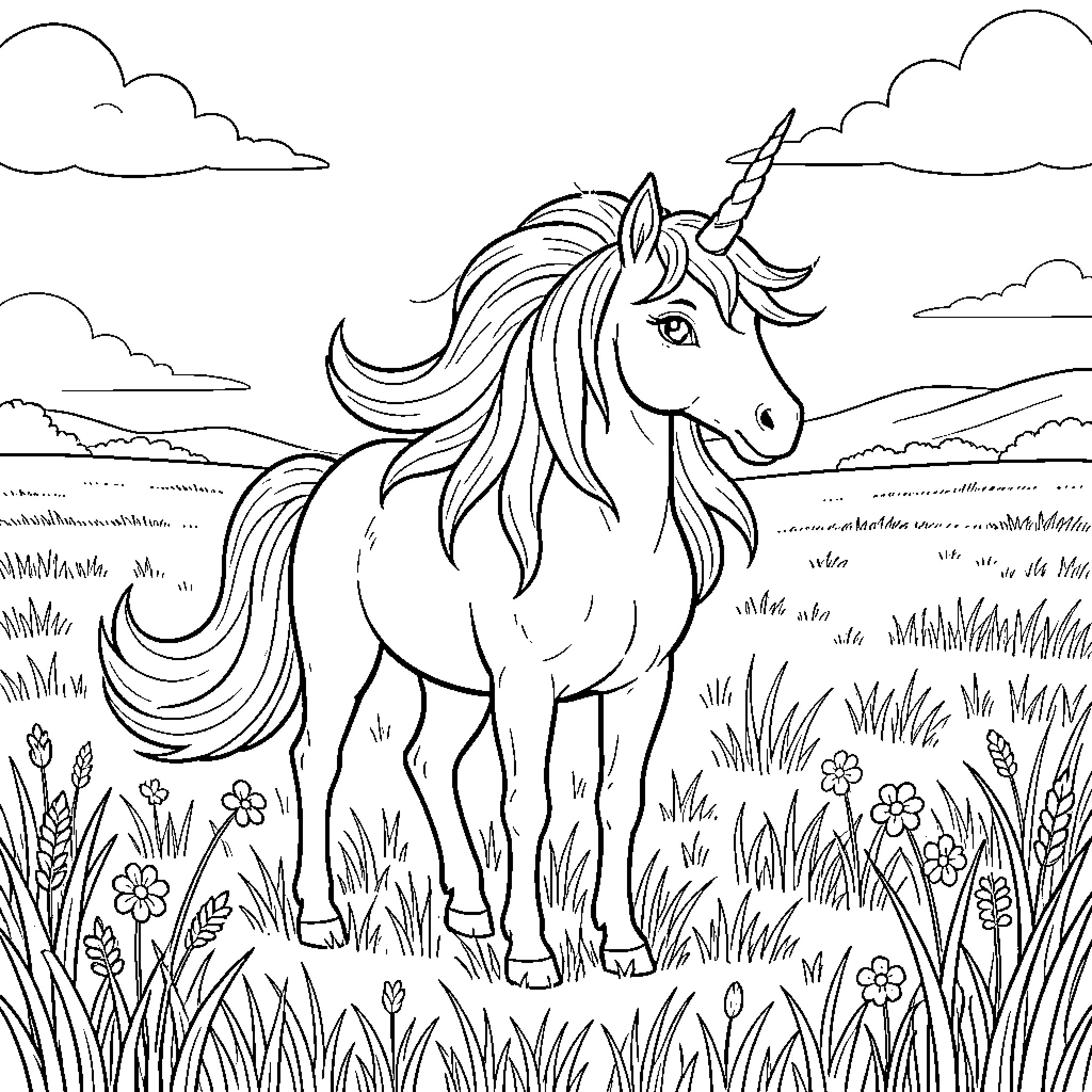 Unicorn standing peacefully in a flowery meadow Coloring Page (free black-and-white line drawing printable PDF for all, from beginners to advanced learners, including children, teens, adults, and seniors)