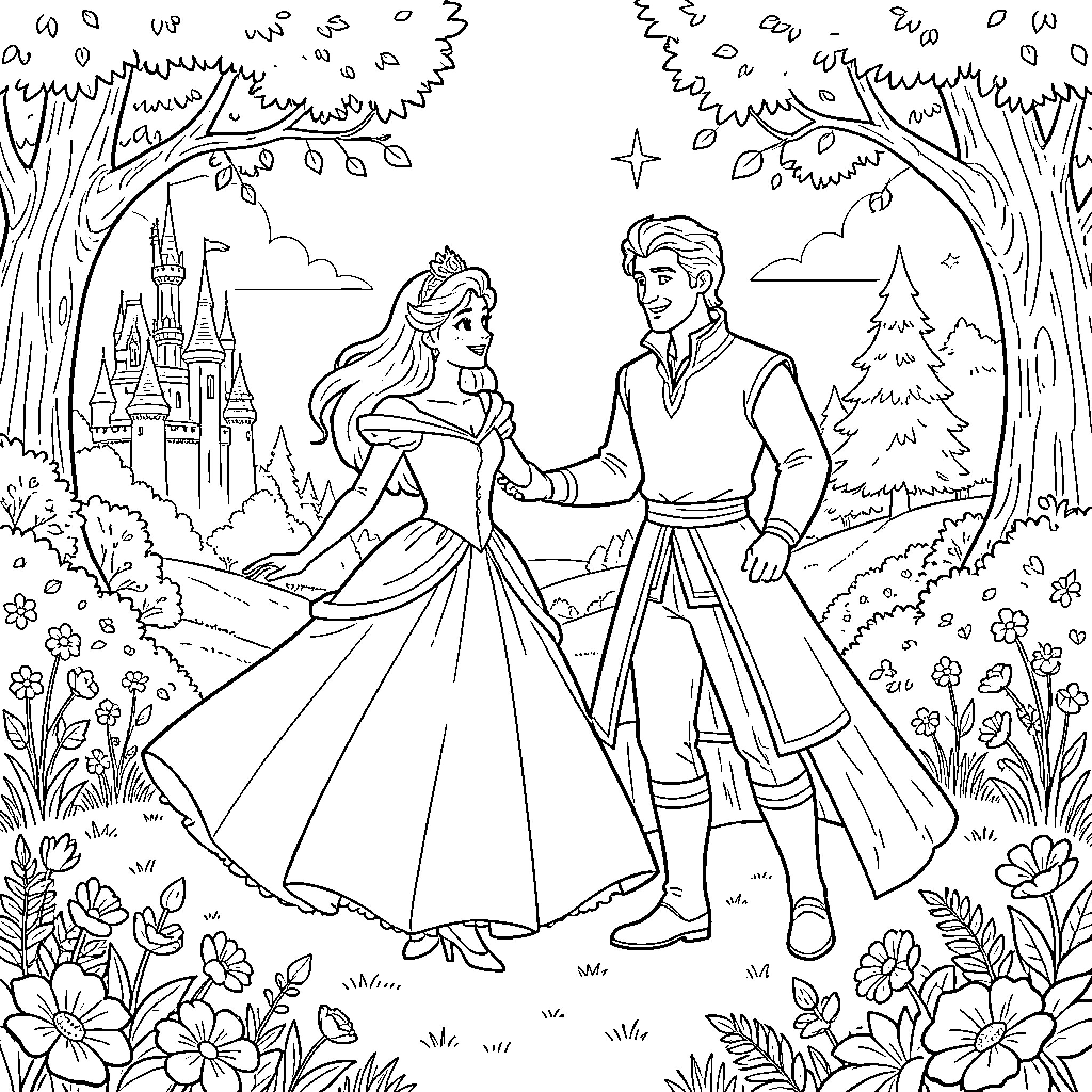 Sleeping Beauty dancing with her prince in a forest Coloring Page (free black-and-white line drawing printable PDF for all, from beginners to advanced learners, including children, teens, adults, and seniors)