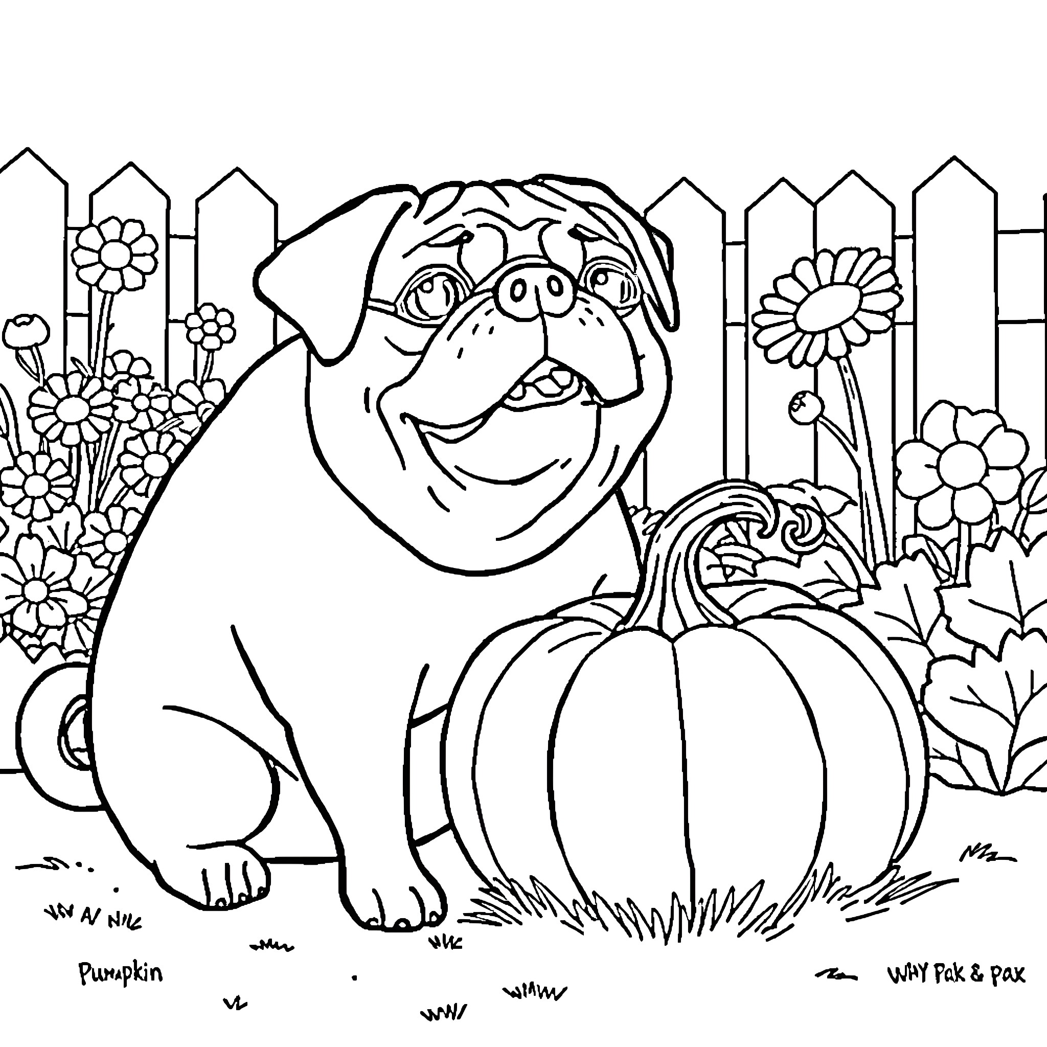 Pig enjoying a pumpkin in a garden Coloring Page (free black-and-white line drawing printable PDF for all, from beginners to advanced learners, including children, teens, adults, and seniors)