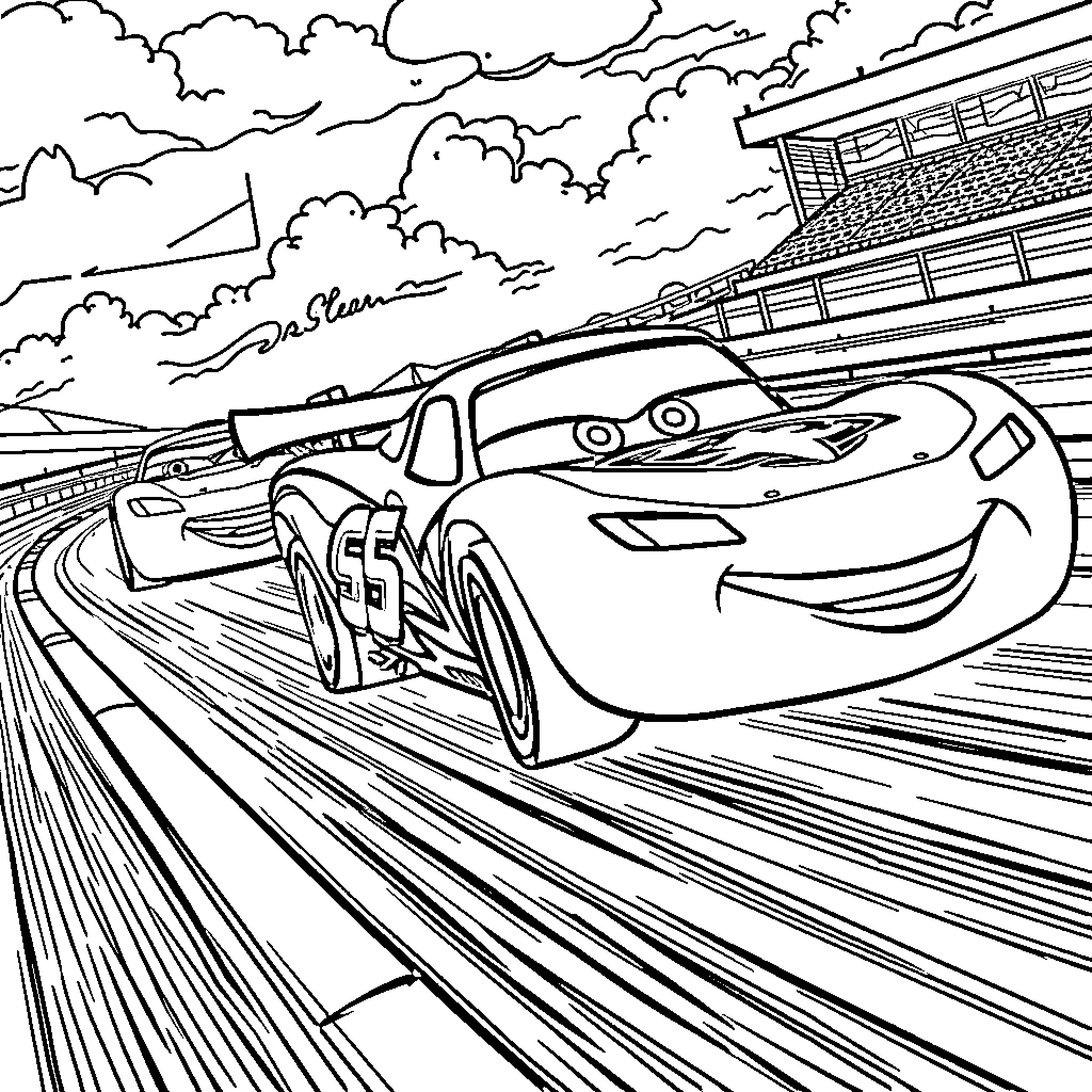 Lightning McQueen racing on the track Coloring Page (free black-and-white line drawing printable PDF for all, from beginners to advanced learners, including children, teens, adults, and seniors)