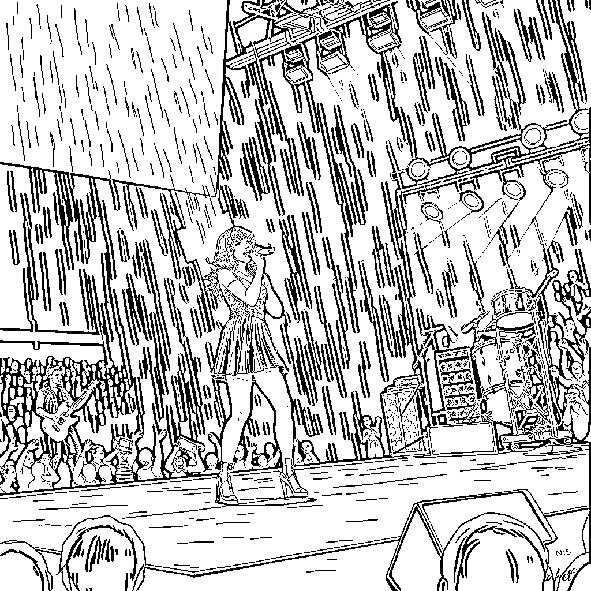 Taylor Swift performing on stage in the rain Coloring Page (free black-and-white line drawing printable PDF for all, from beginners to advanced learners, including children, teens, adults, and seniors)