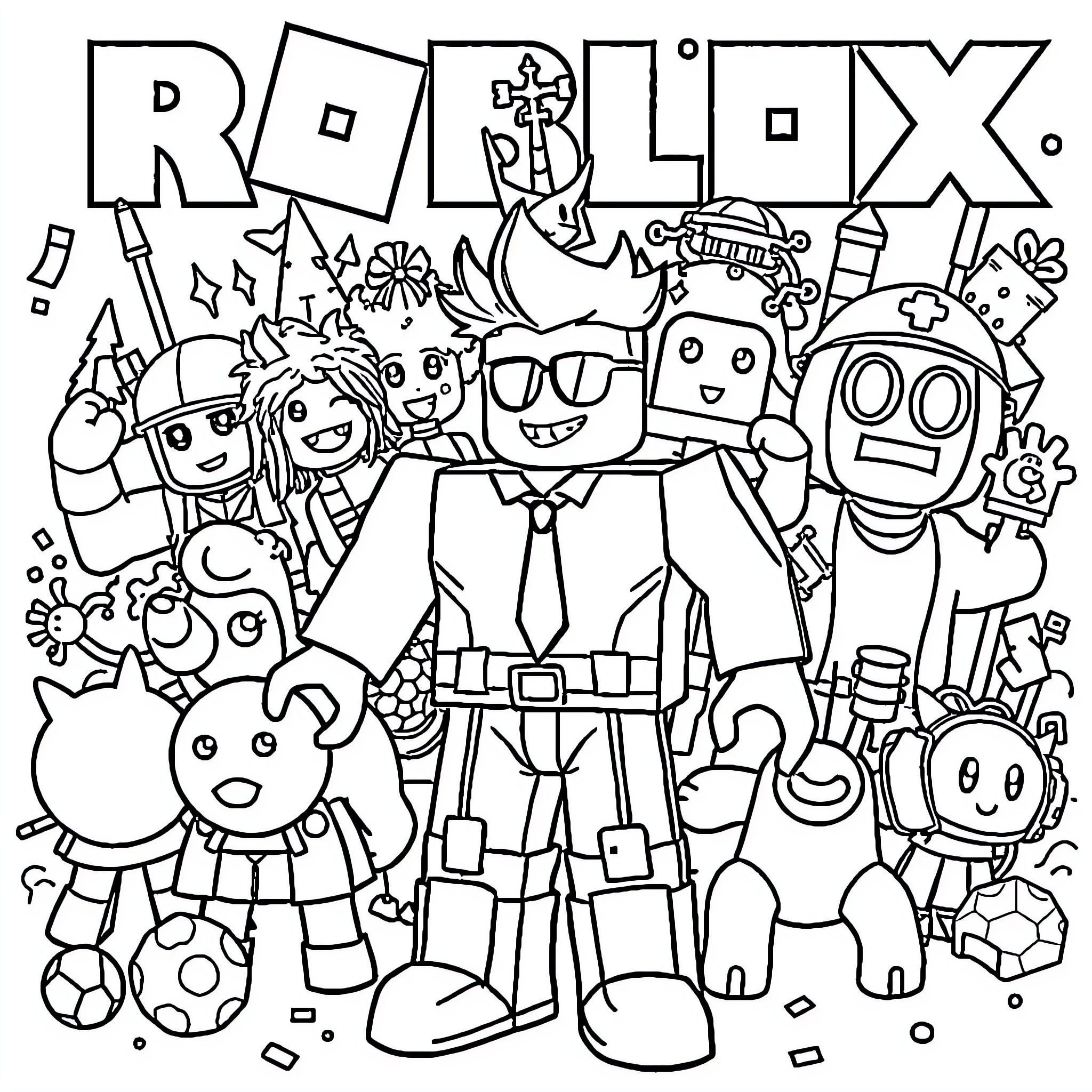Roblox characters in various animated poses and outfits Coloring Page (free black-and-white line drawing printable PDF for all, from beginners to advanced learners, including children, teens, adults, and seniors)