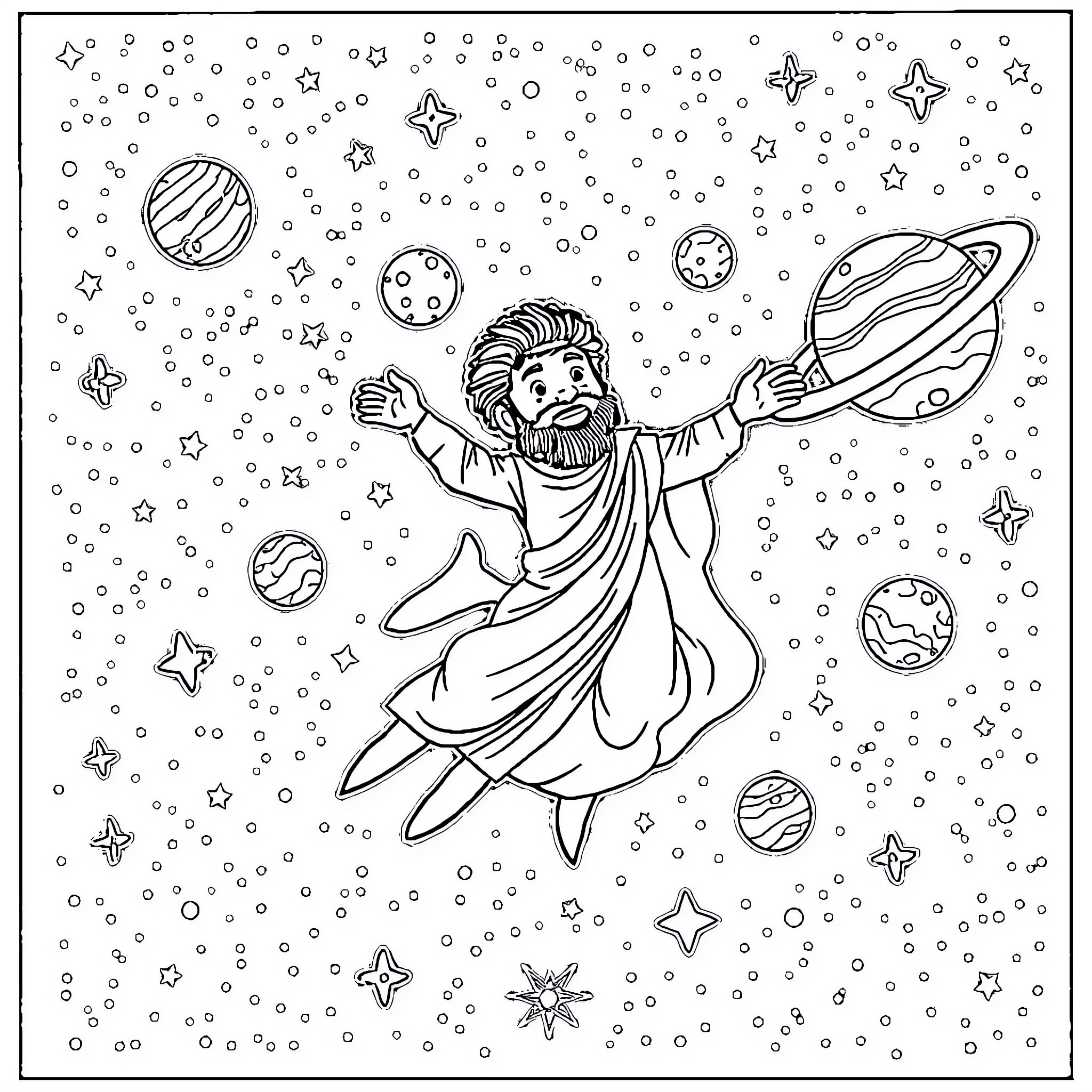 Babar Azam floating in the cosmic universe Coloring Page (free black-and-white line drawing printable PDF for all, from beginners to advanced learners, including children, teens, adults, and seniors)