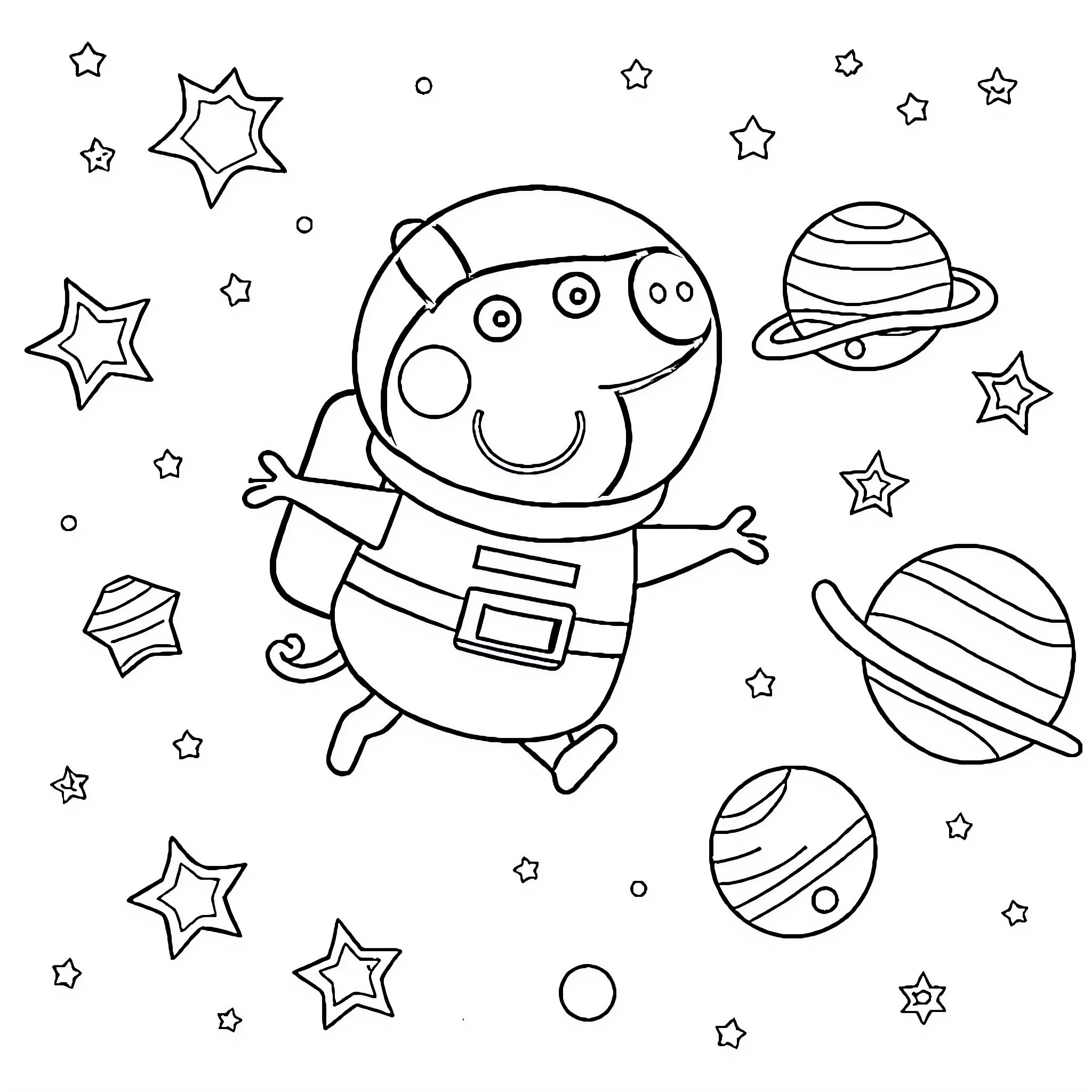 Peppa Pig's Intergalactic Adventure Coloring Page (free black-and-white line drawing printable PDF for all, from beginners to advanced learners, including children, teens, adults, and seniors)