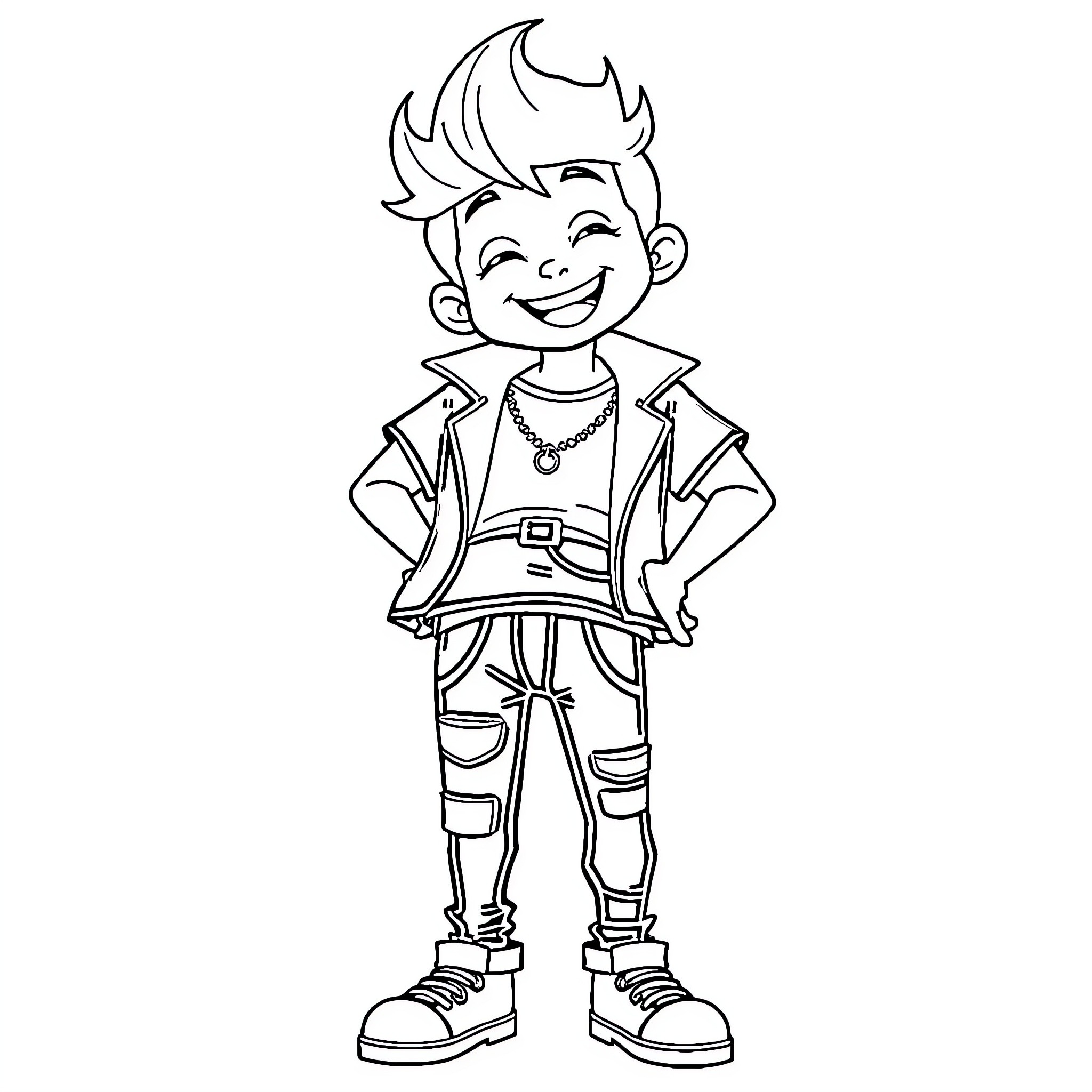 Felix's Adventurous Attire and Expressions Coloring Page (free black-and-white line drawing printable PDF for all, from beginners to advanced learners, including children, teens, adults, and seniors)