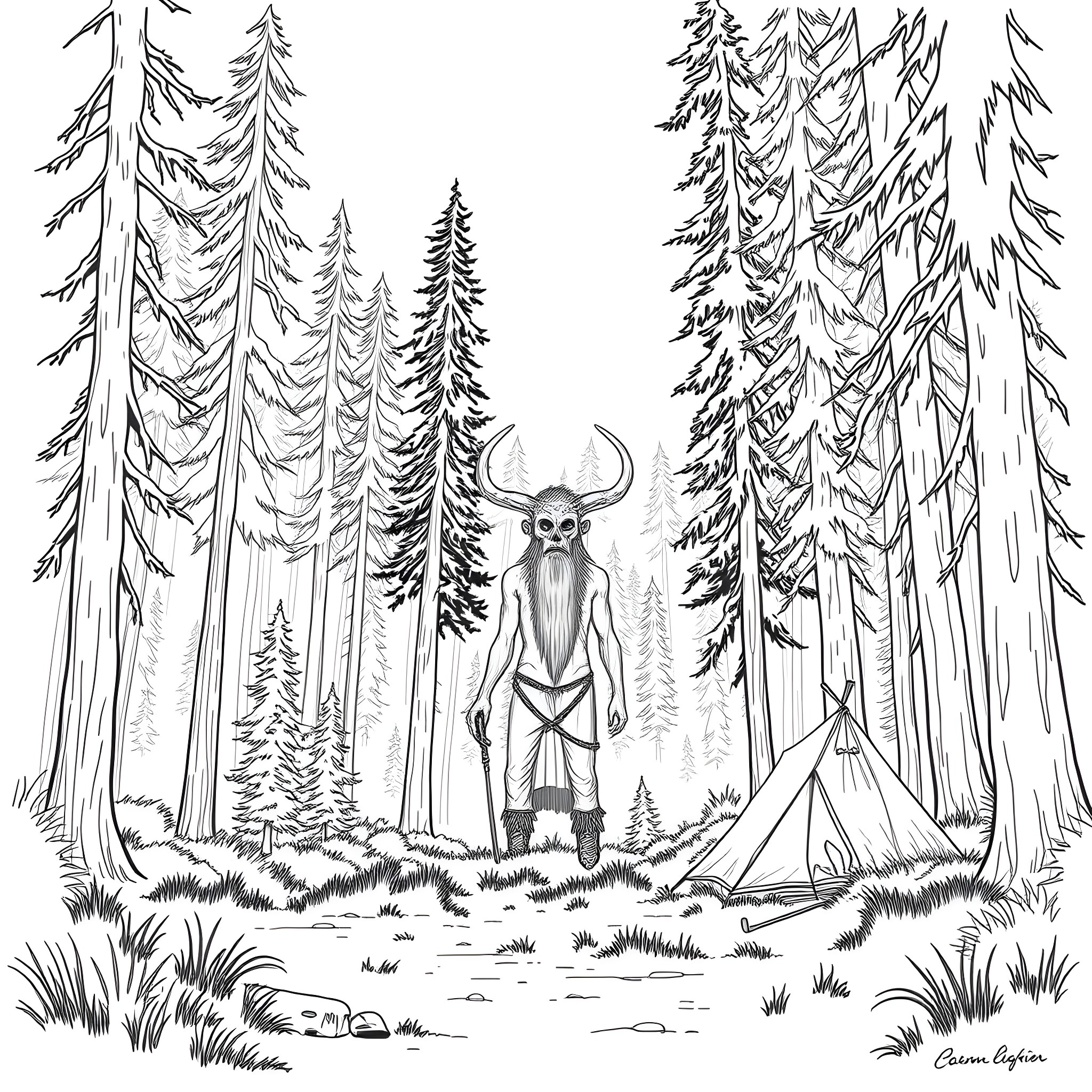 Camper in the enchanted forest with a tent Coloring Page (free black-and-white line drawing printable PDF for all, from beginners to advanced learners, including children, teens, adults, and seniors)