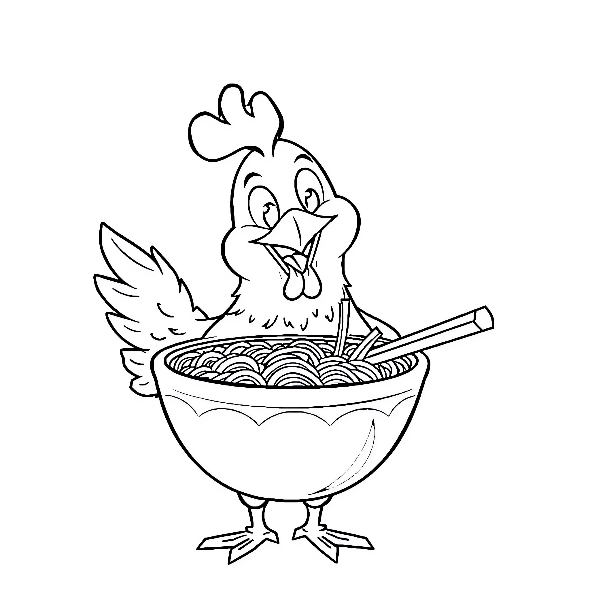 Chicken cooking delicious noodles in a bowl Coloring Page (free black-and-white line drawing printable PDF for all, from beginners to advanced learners, including children, teens, adults, and seniors)