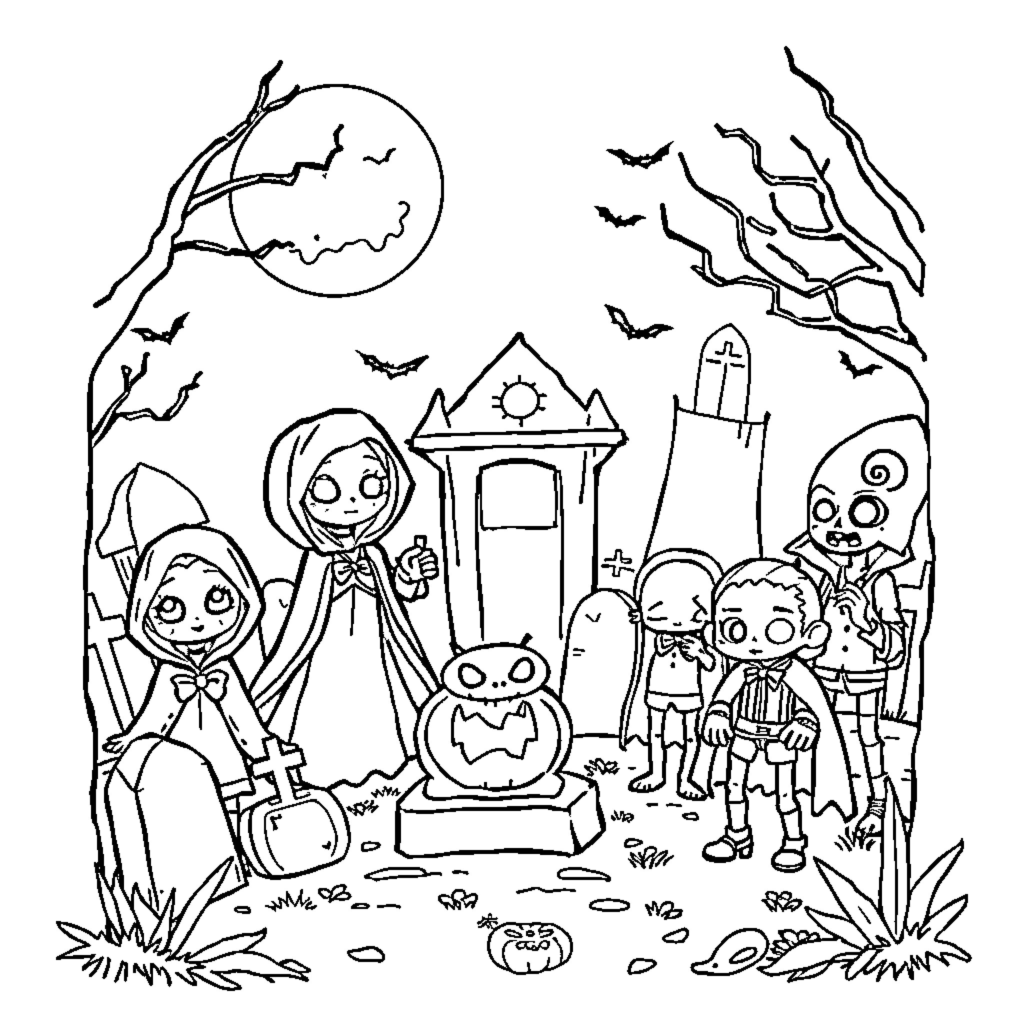Halloween Trick-or-Treaters Exploring Spooky Neighborhood Coloring Page (free black-and-white line drawing printable PDF for all, from beginners to advanced learners, including children, teens, adults, and seniors)