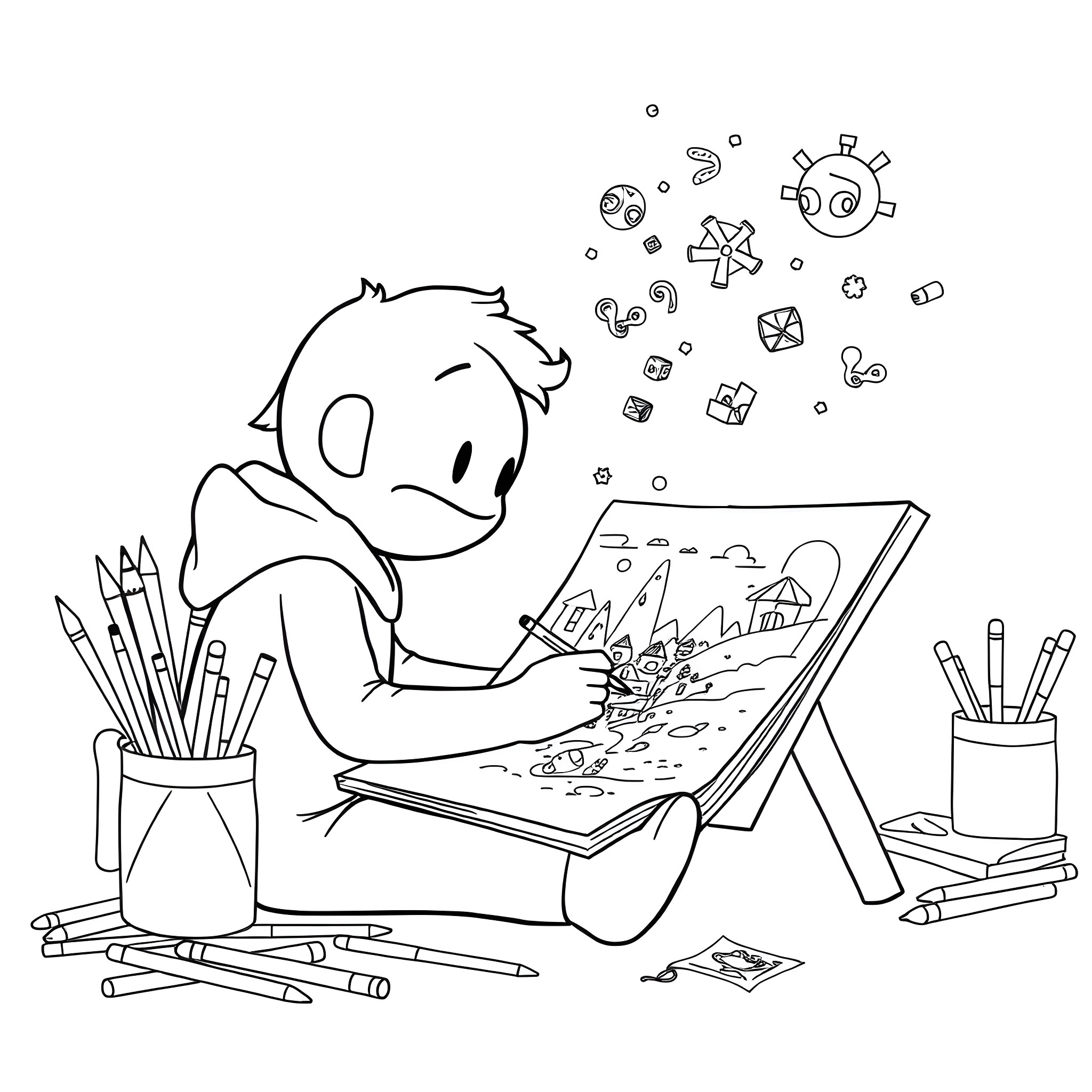 Among Us Character Drawing Happily on Canvas Coloring Page (free black-and-white line drawing printable PDF for all, from beginners to advanced learners, including children, teens, adults, and seniors)