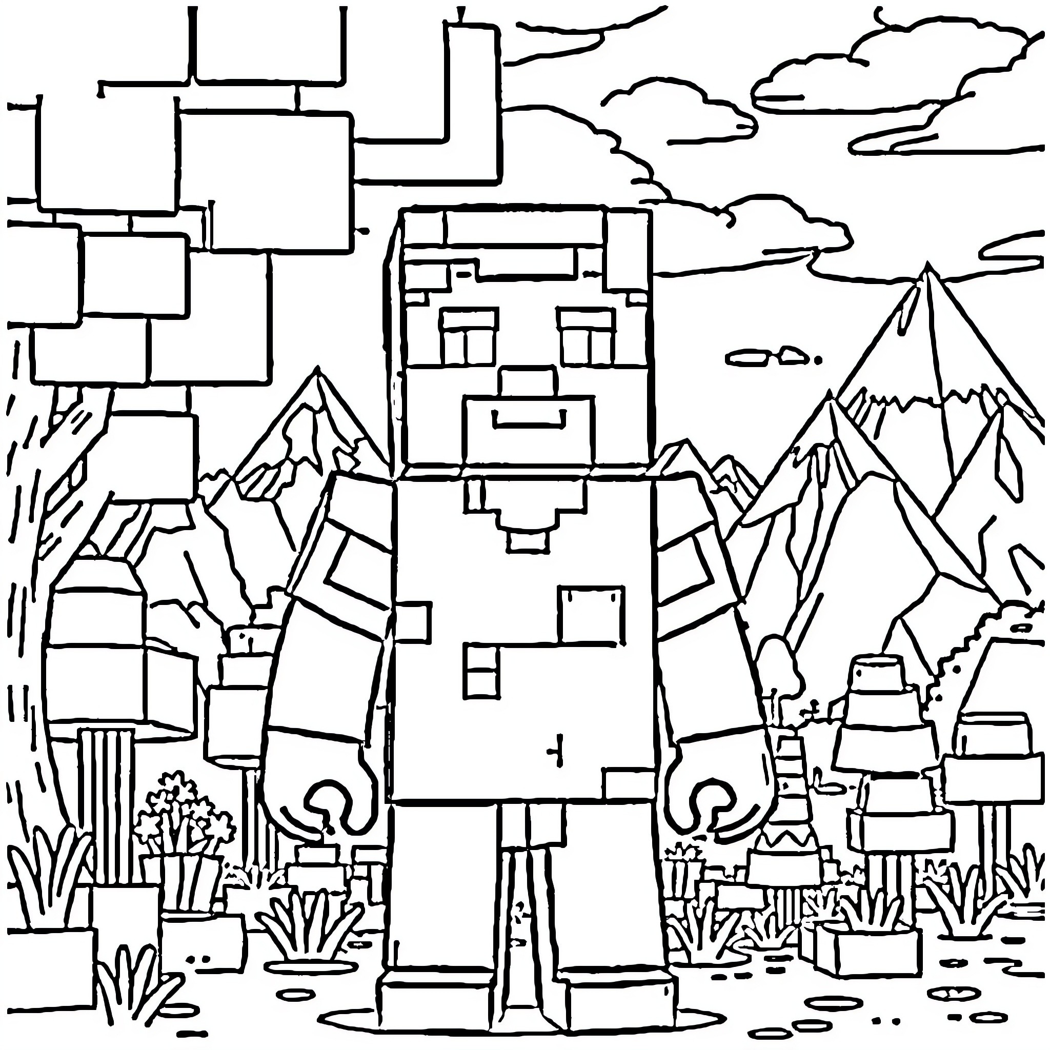 Steve exploring the blocky landscape Coloring Page (free black-and-white line drawing printable PDF for all, from beginners to advanced learners, including children, teens, adults, and seniors)