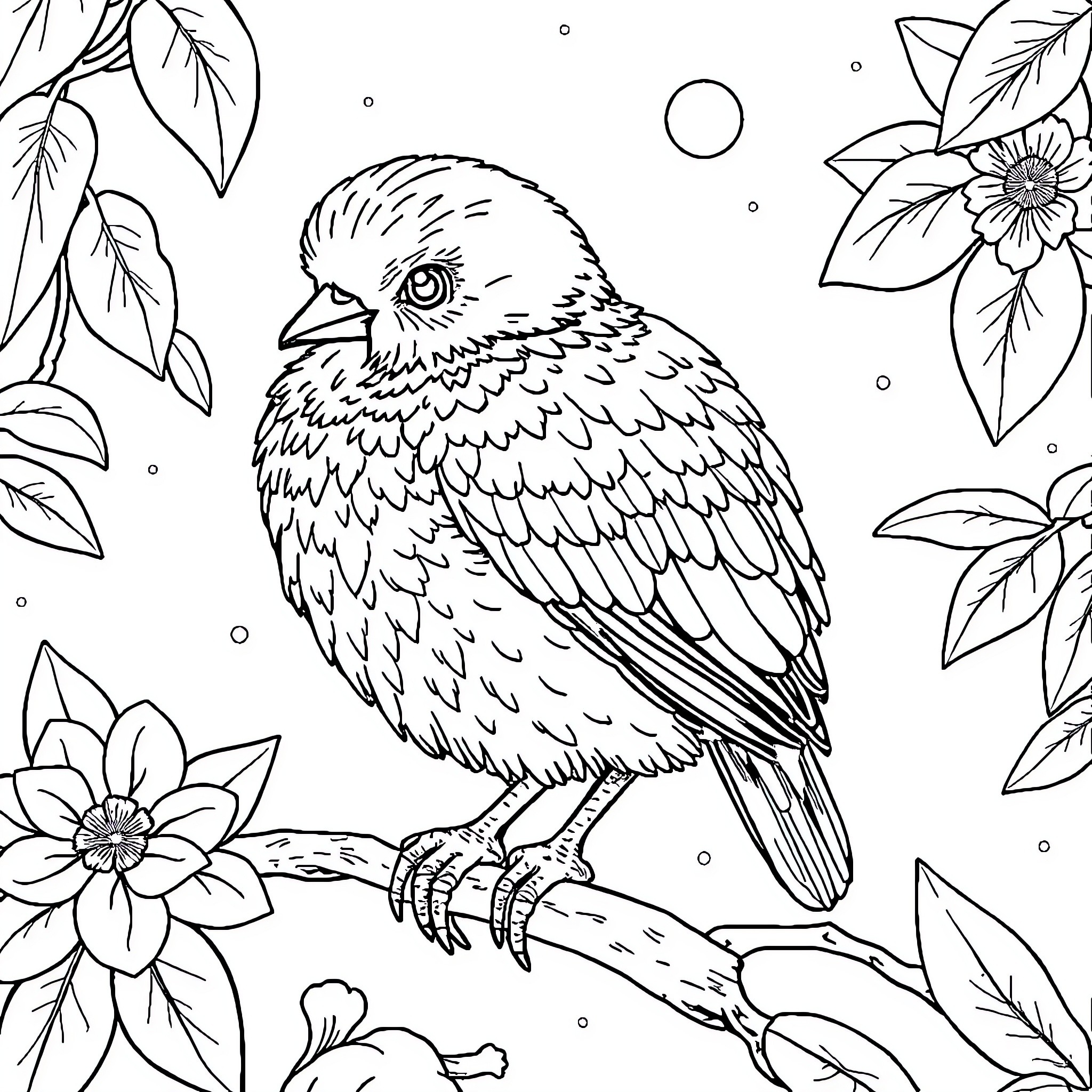Mobil bird resting on branch with floral surroundings Coloring Page (free black-and-white line drawing printable PDF for all, from beginners to advanced learners, including children, teens, adults, and seniors)