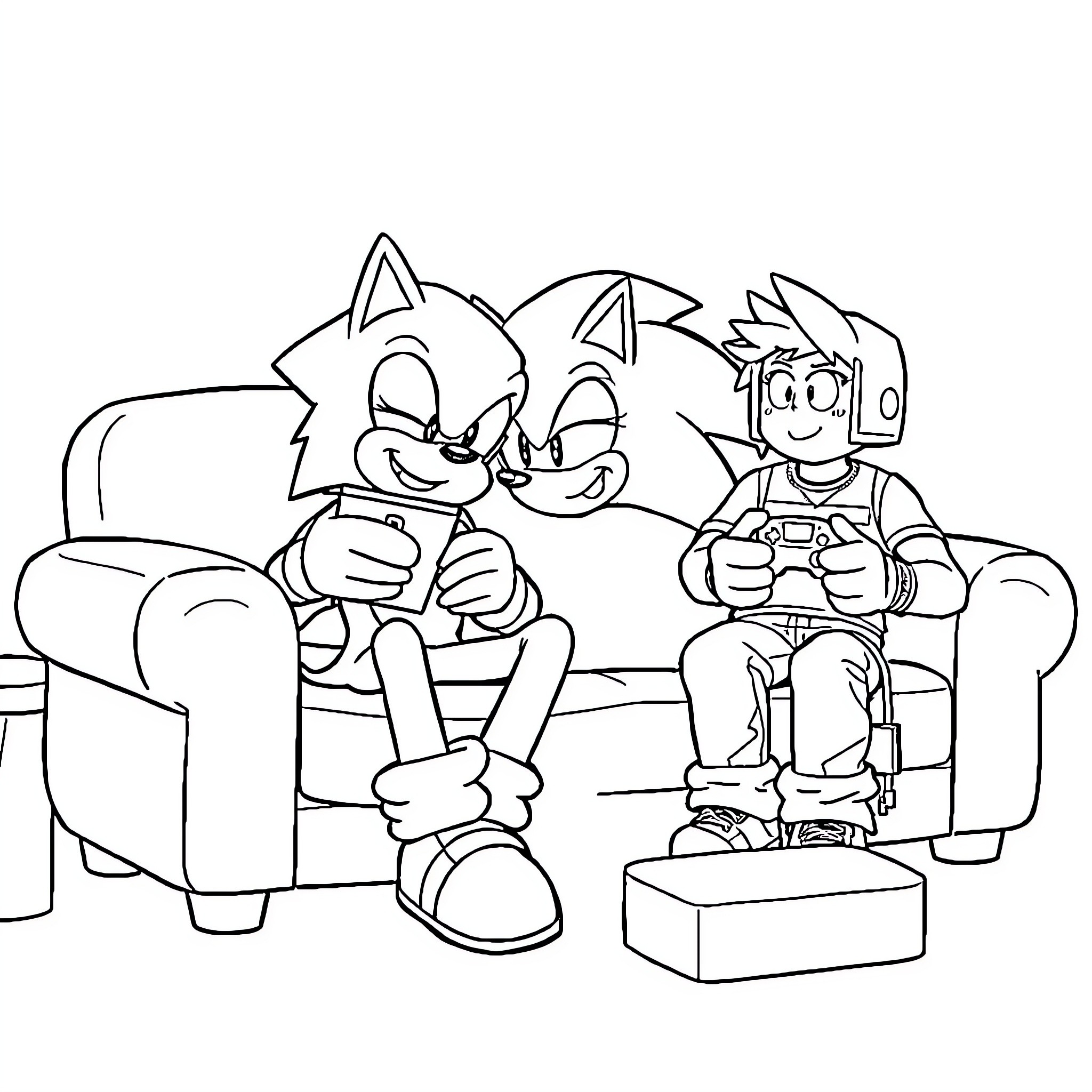 Sonic and friends enjoying video game time together Coloring Page (free black-and-white line drawing printable PDF for all, from beginners to advanced learners, including children, teens, adults, and seniors)