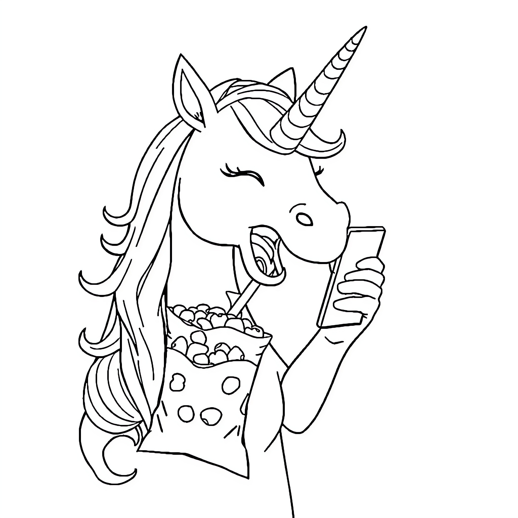 Unicorn eating snacks and using phone Coloring Page (free black-and-white line drawing printable PDF for all, from beginners to advanced learners, including children, teens, adults, and seniors)