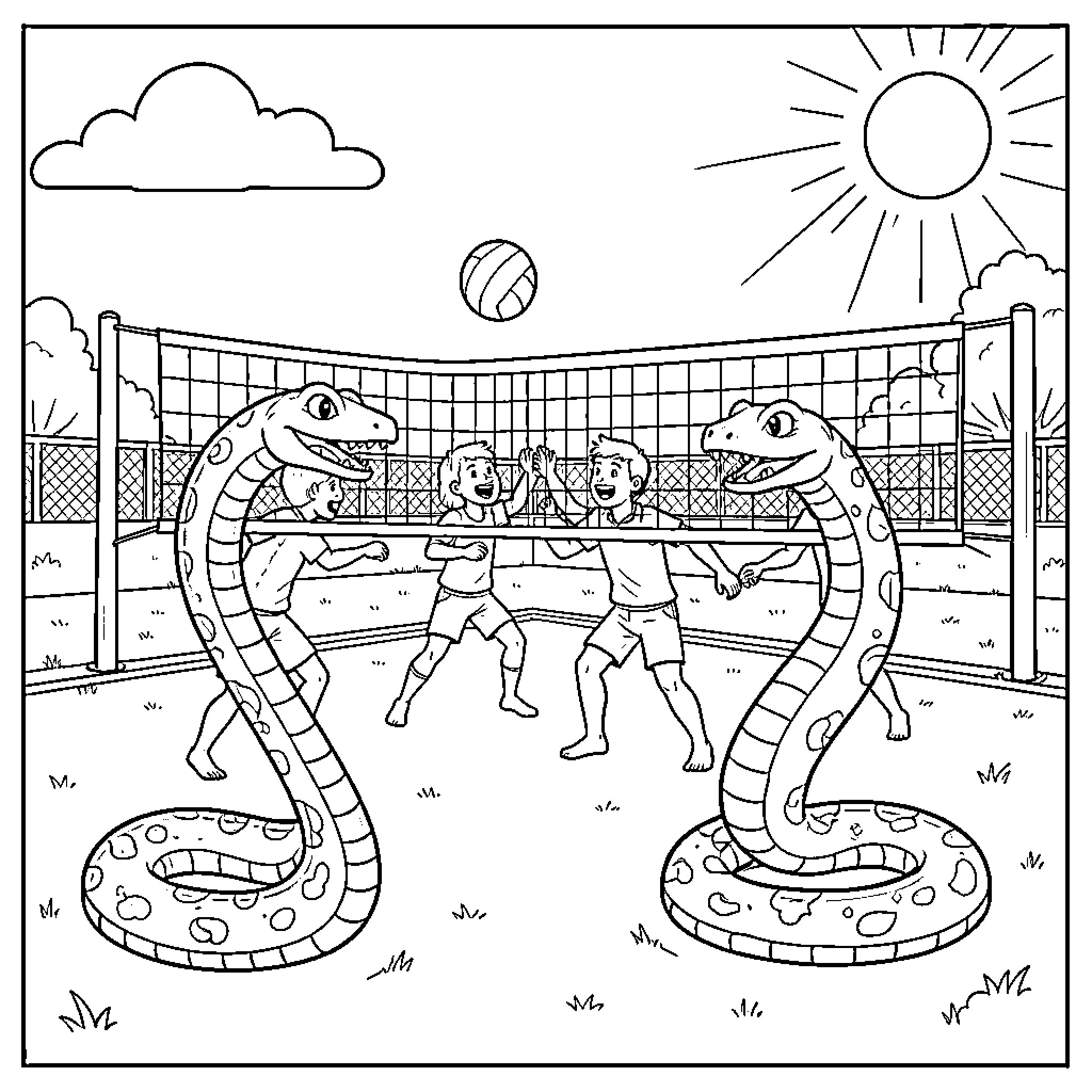 Vibora Snake Wrestlers in Sports Arena Coloring Page (free black-and-white line drawing printable PDF for all, from beginners to advanced learners, including children, teens, adults, and seniors)