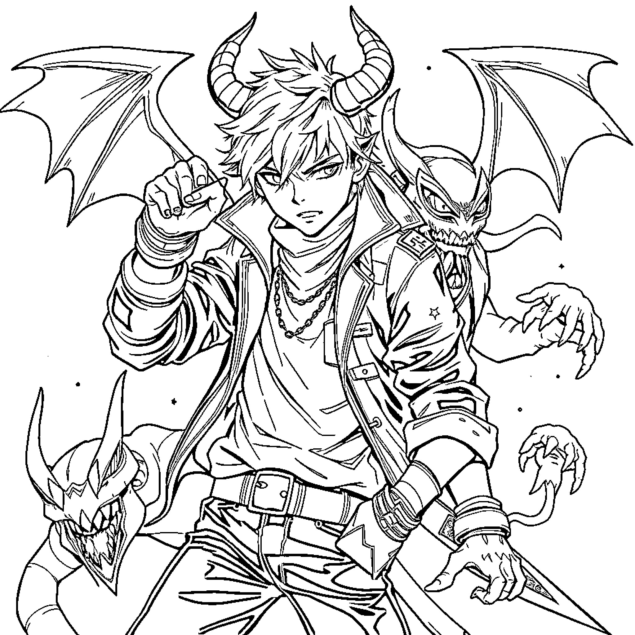 Demon Hunter wielding weapons with demonic companions Coloring Page (free black-and-white line drawing printable PDF for all, from beginners to advanced learners, including children, teens, adults, and seniors)