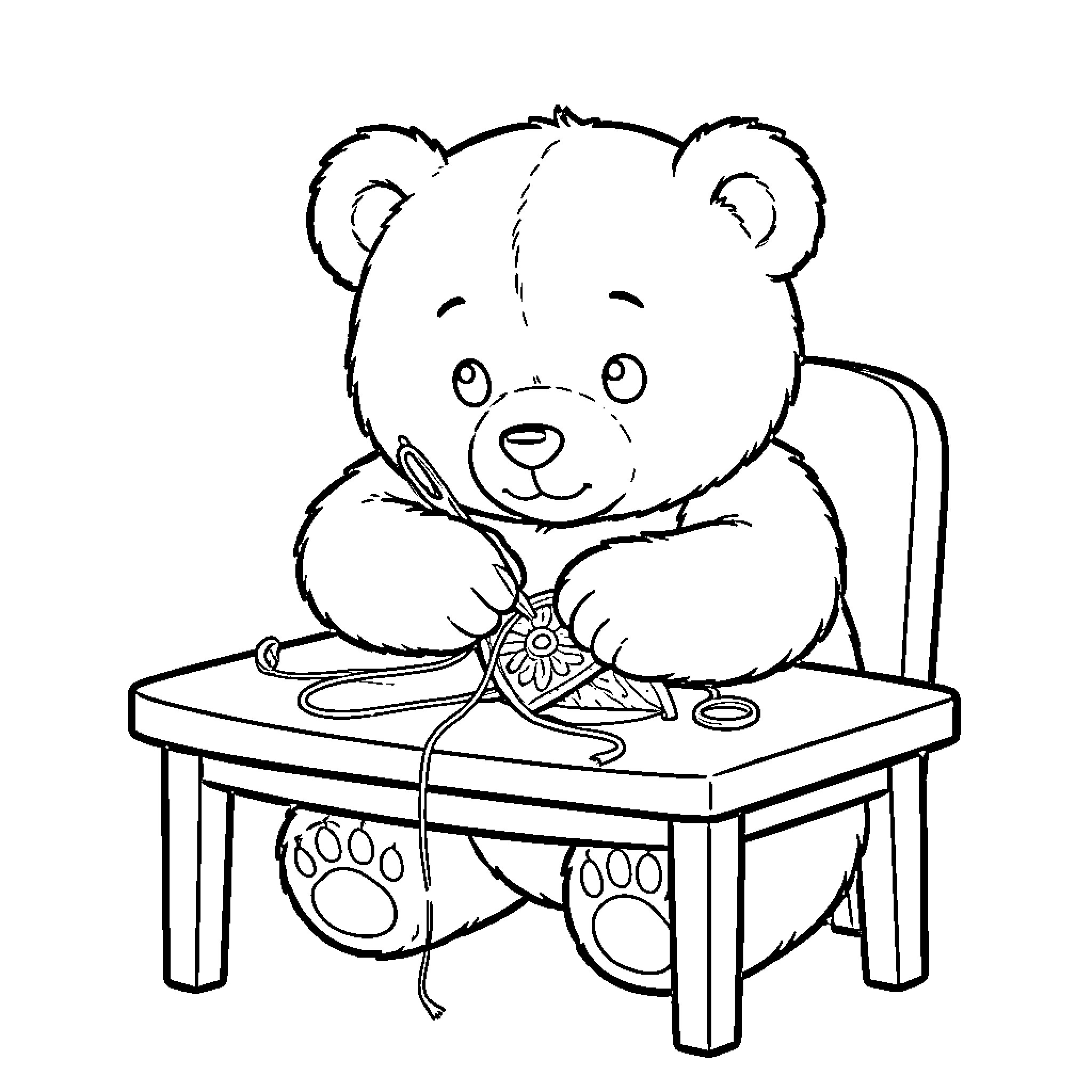 Teddy Bear sitting at a table and sewing Coloring Page (free black-and-white line drawing printable PDF for all, from beginners to advanced learners, including children, teens, adults, and seniors)