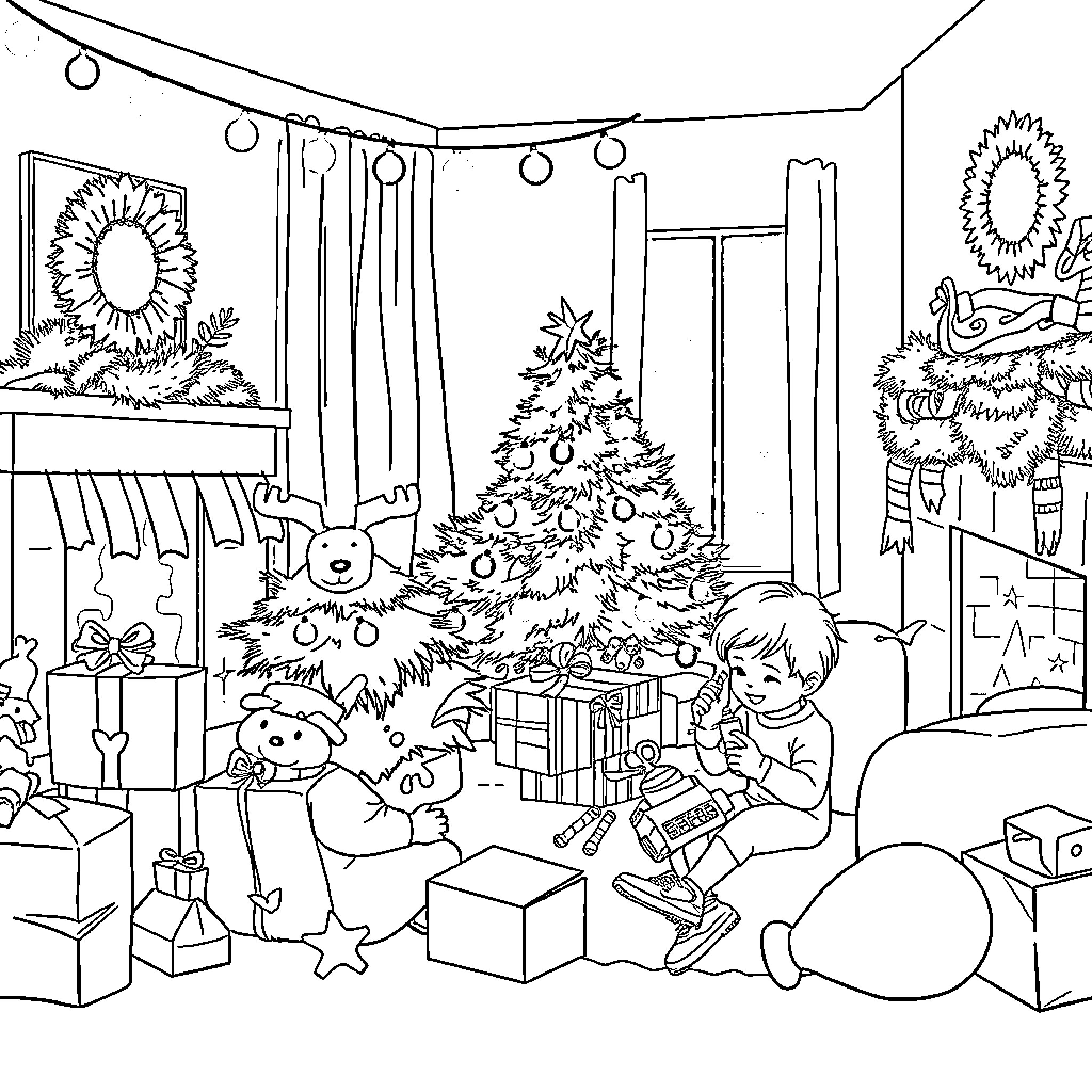 90s Christmas filled with toys, decorations, and cheer Coloring Page (free black-and-white line drawing printable PDF for all, from beginners to advanced learners, including children, teens, adults, and seniors)