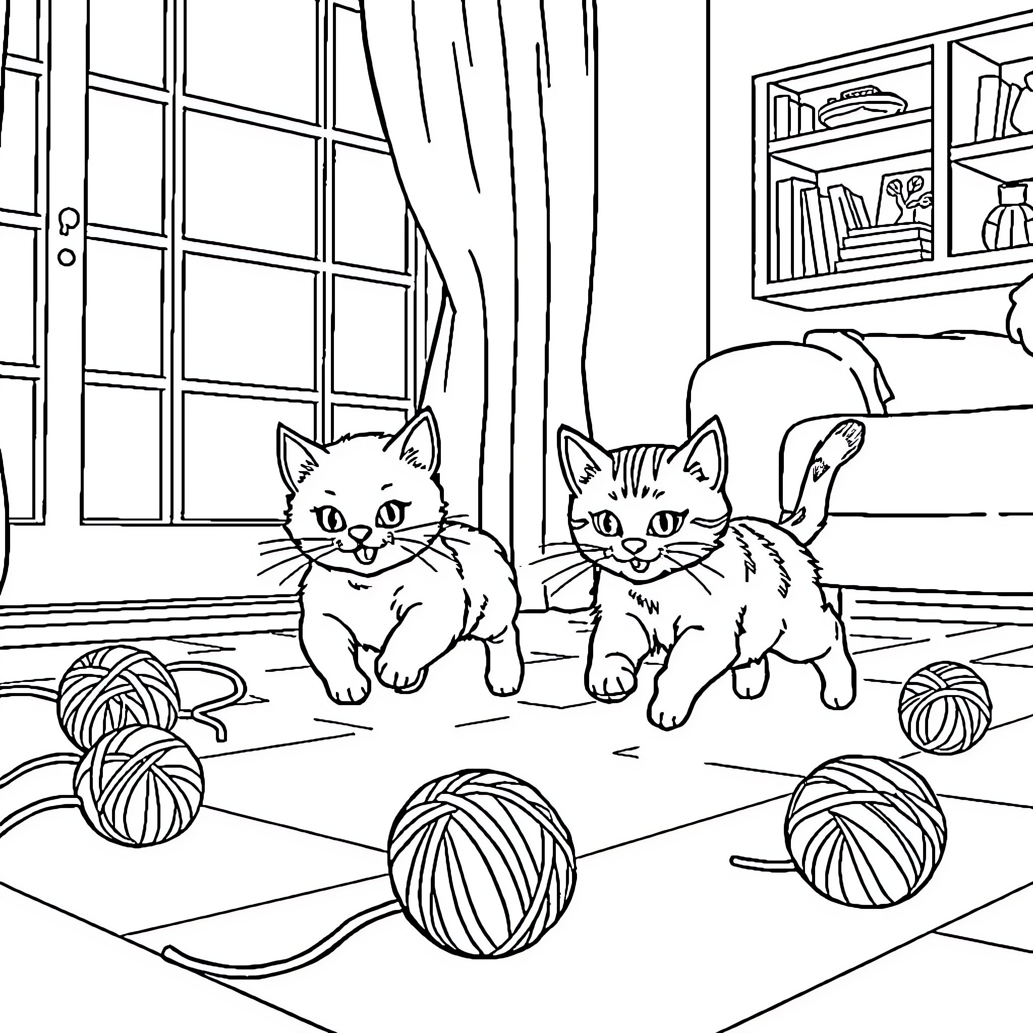 Cats playing with yarn in a cozy home Coloring Page (free black-and-white line drawing printable PDF for all, from beginners to advanced learners, including children, teens, adults, and seniors)