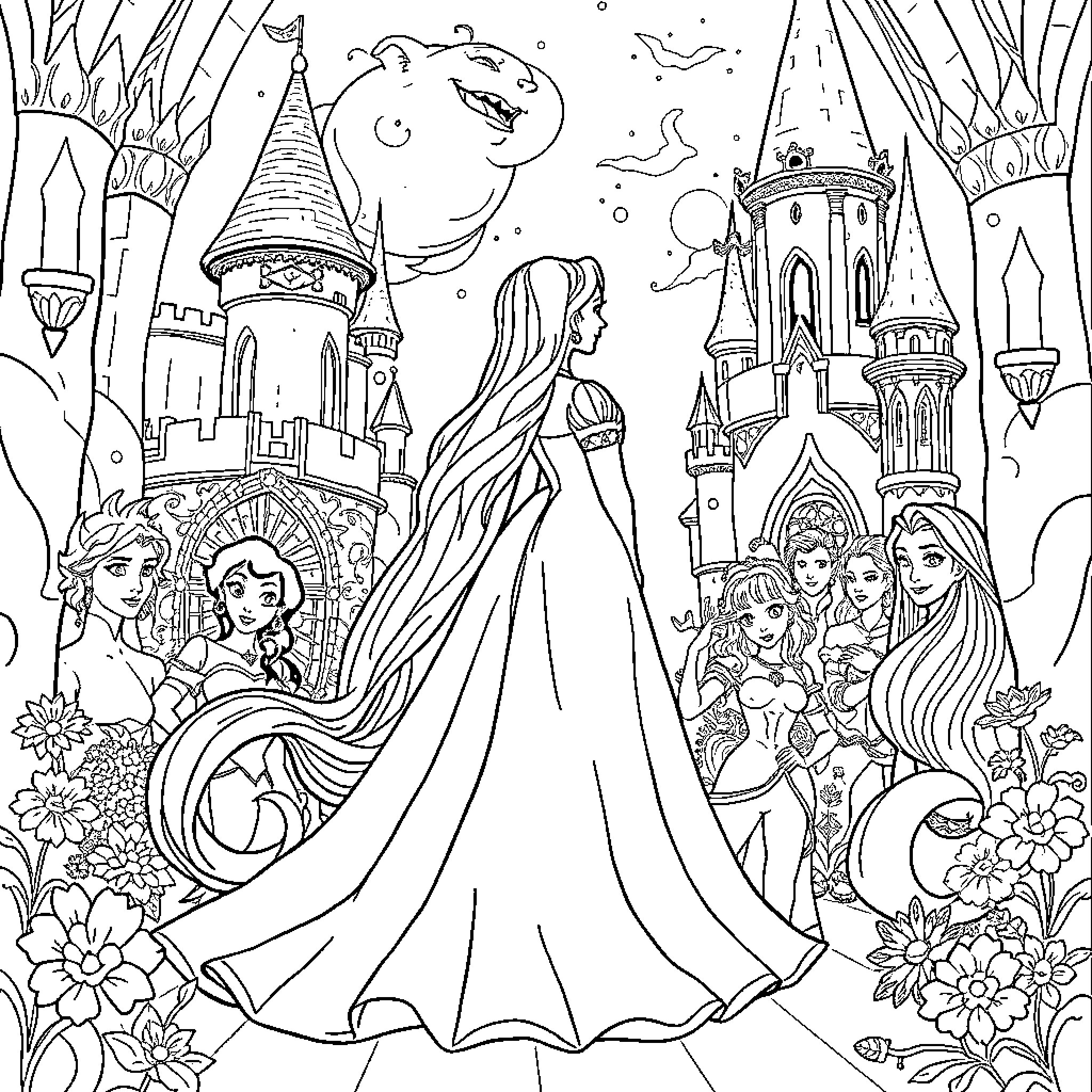 Rapunzel's Enchanting Fairy Tale Adventure Coloring Page (free black-and-white line drawing printable PDF for all, from beginners to advanced learners, including children, teens, adults, and seniors)