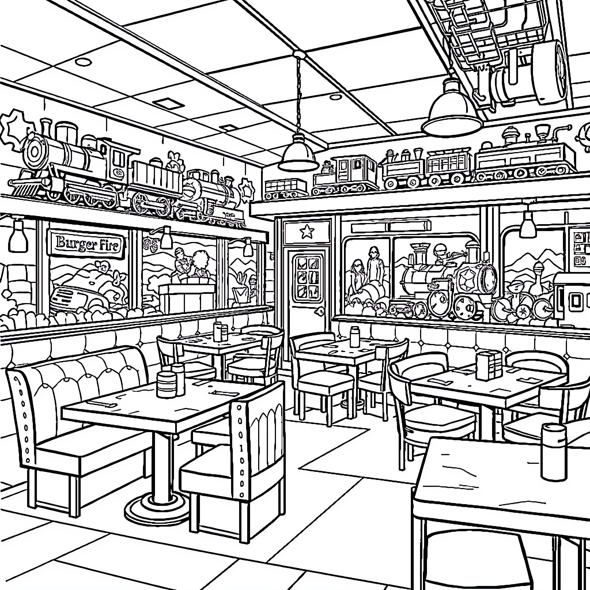 Train-themed Diner with Vintage Decor Coloring Page (free black-and-white line drawing printable PDF for all, from beginners to advanced learners, including children, teens, adults, and seniors)