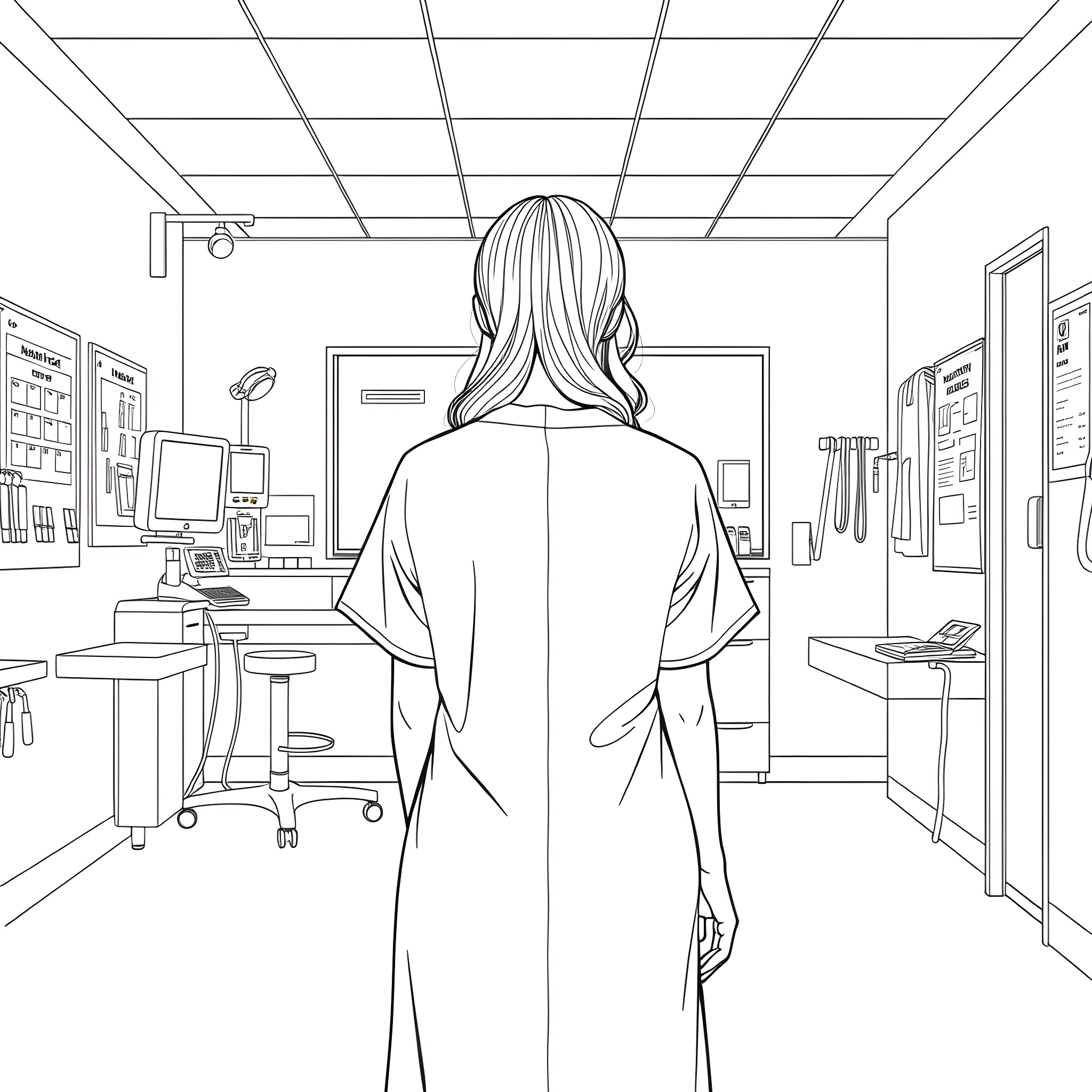 Woman walking in a medical facility Coloring Page (free black-and-white line drawing printable PDF for all, from beginners to advanced learners, including children, teens, adults, and seniors)