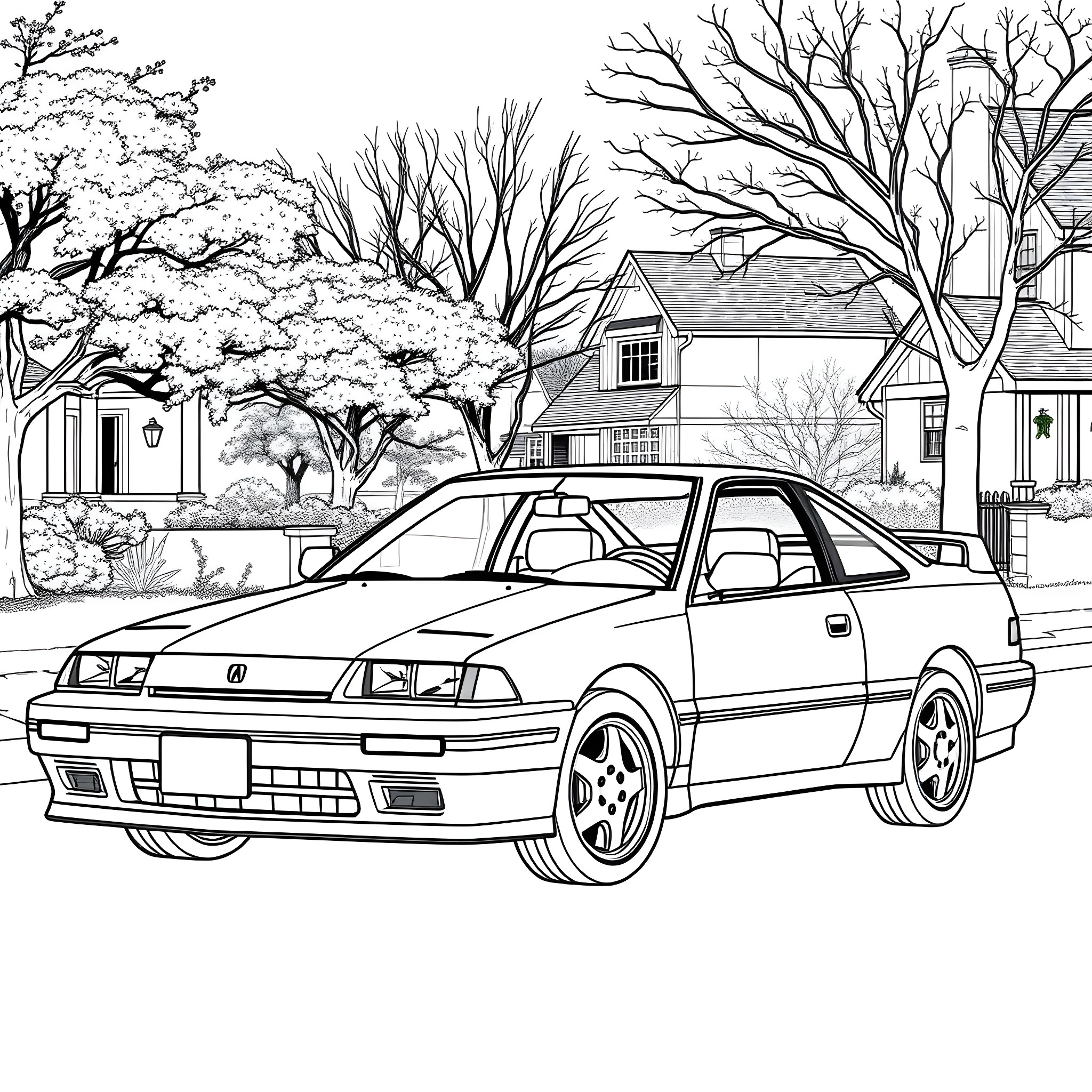 Acura Sports Car in Scenic Neighborhood Coloring Page (free black-and-white line drawing printable PDF for all, from beginners to advanced learners, including children, teens, adults, and seniors)