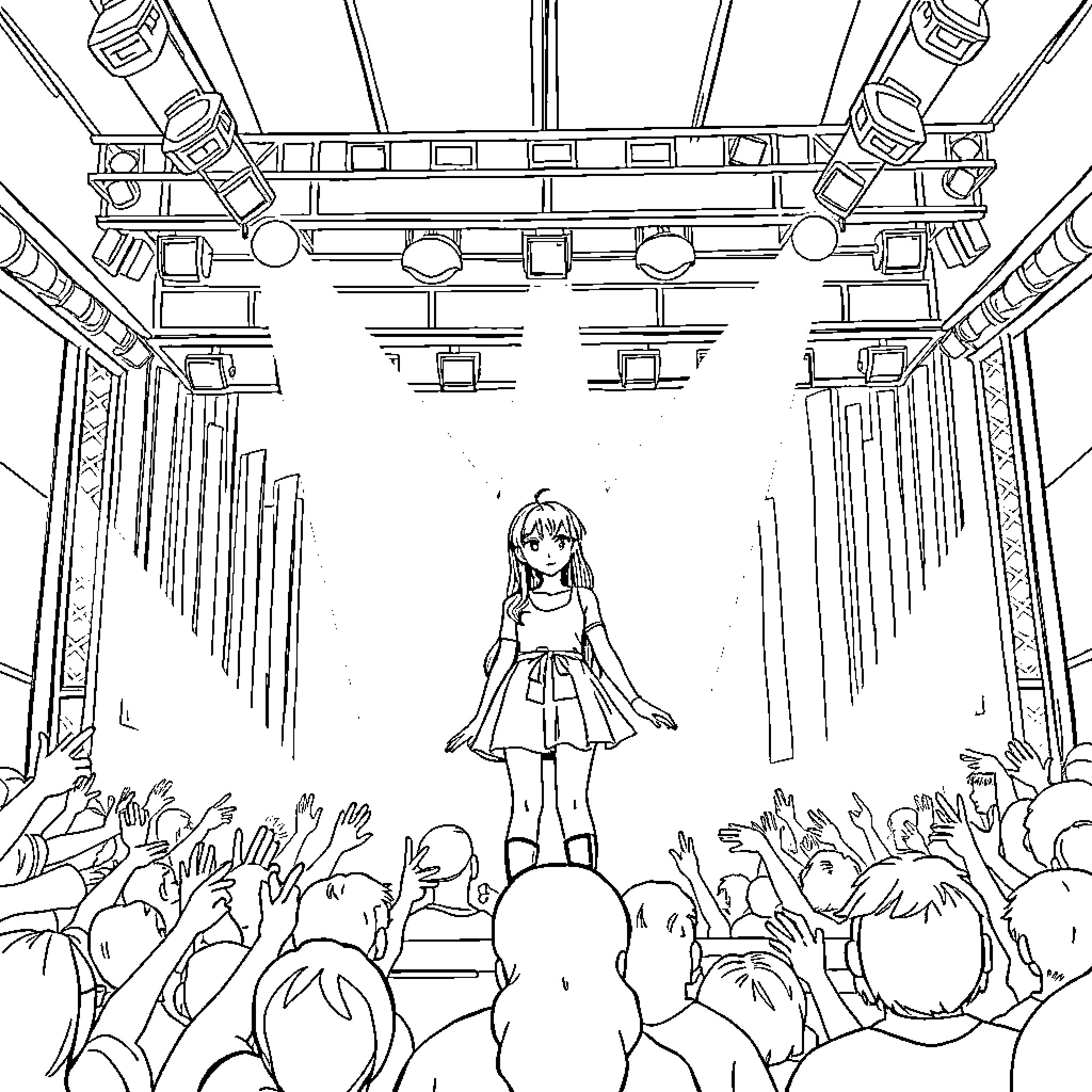 Ai Hoshino performing on stage before cheering audience Coloring Page (free black-and-white line drawing printable PDF for all, from beginners to advanced learners, including children, teens, adults, and seniors)