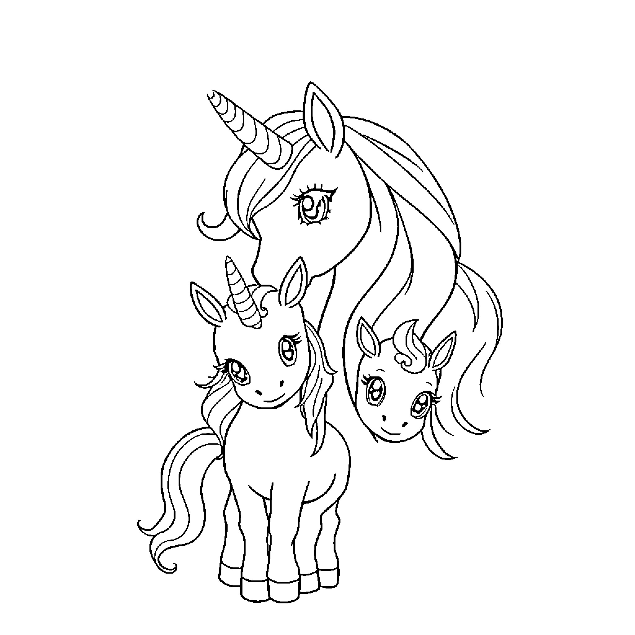 Unicorn family enjoying a playful moment Coloring Page (free black-and-white line drawing printable PDF for all, from beginners to advanced learners, including children, teens, adults, and seniors)
