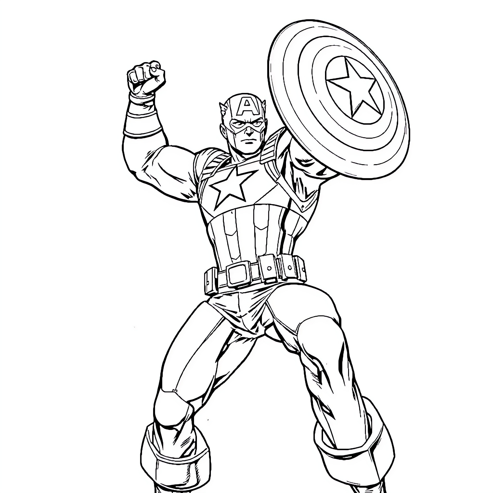 Captain America Heroically Wielding His Iconic Shield Coloring Page (free black-and-white line drawing printable PDF for all, from beginners to advanced learners, including children, teens, adults, and seniors)
